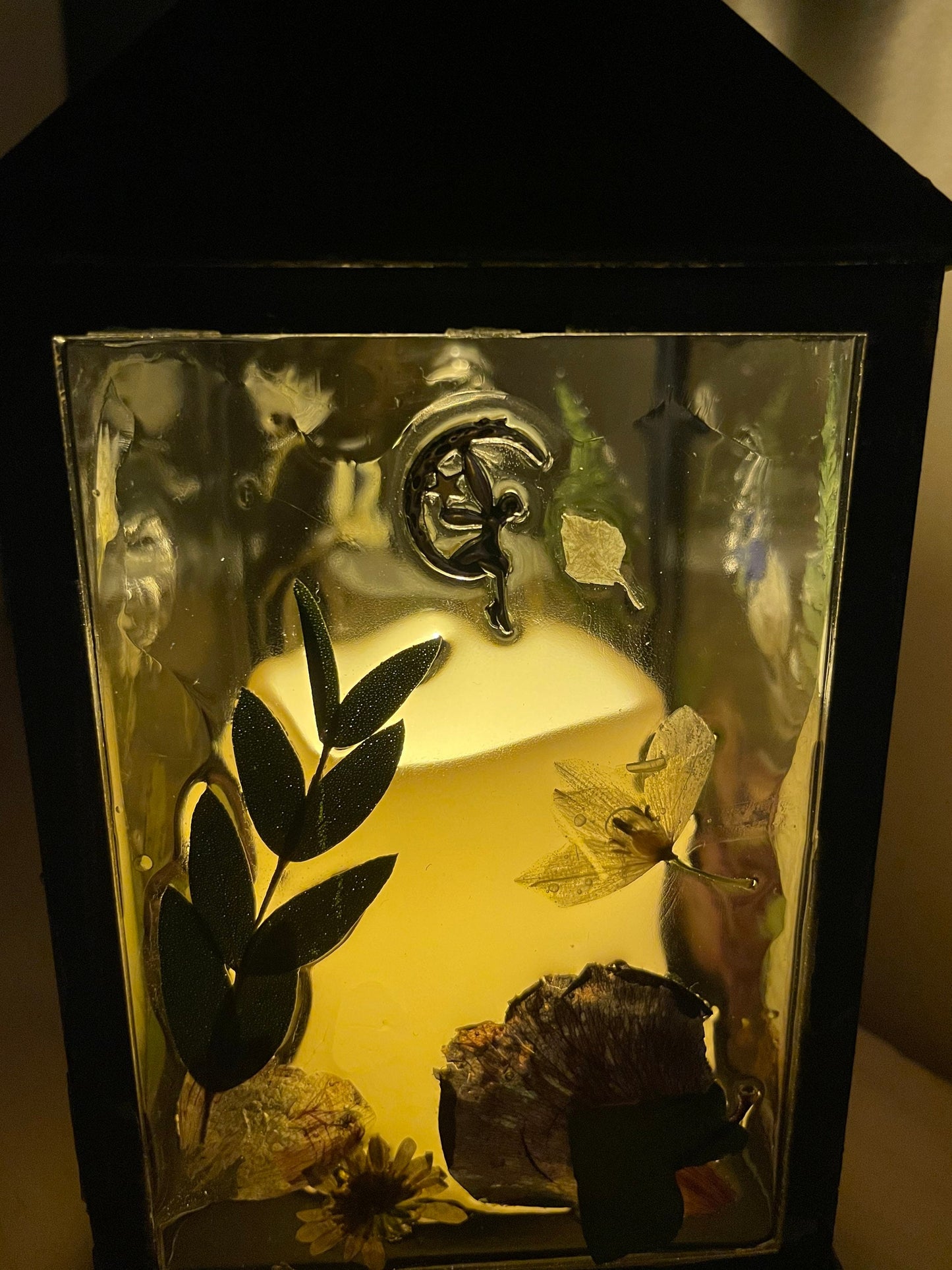 Lantern with real flowers and silver fairy charm, Flower fairy night light, flower decor lantern, lantern with real flower decoration,