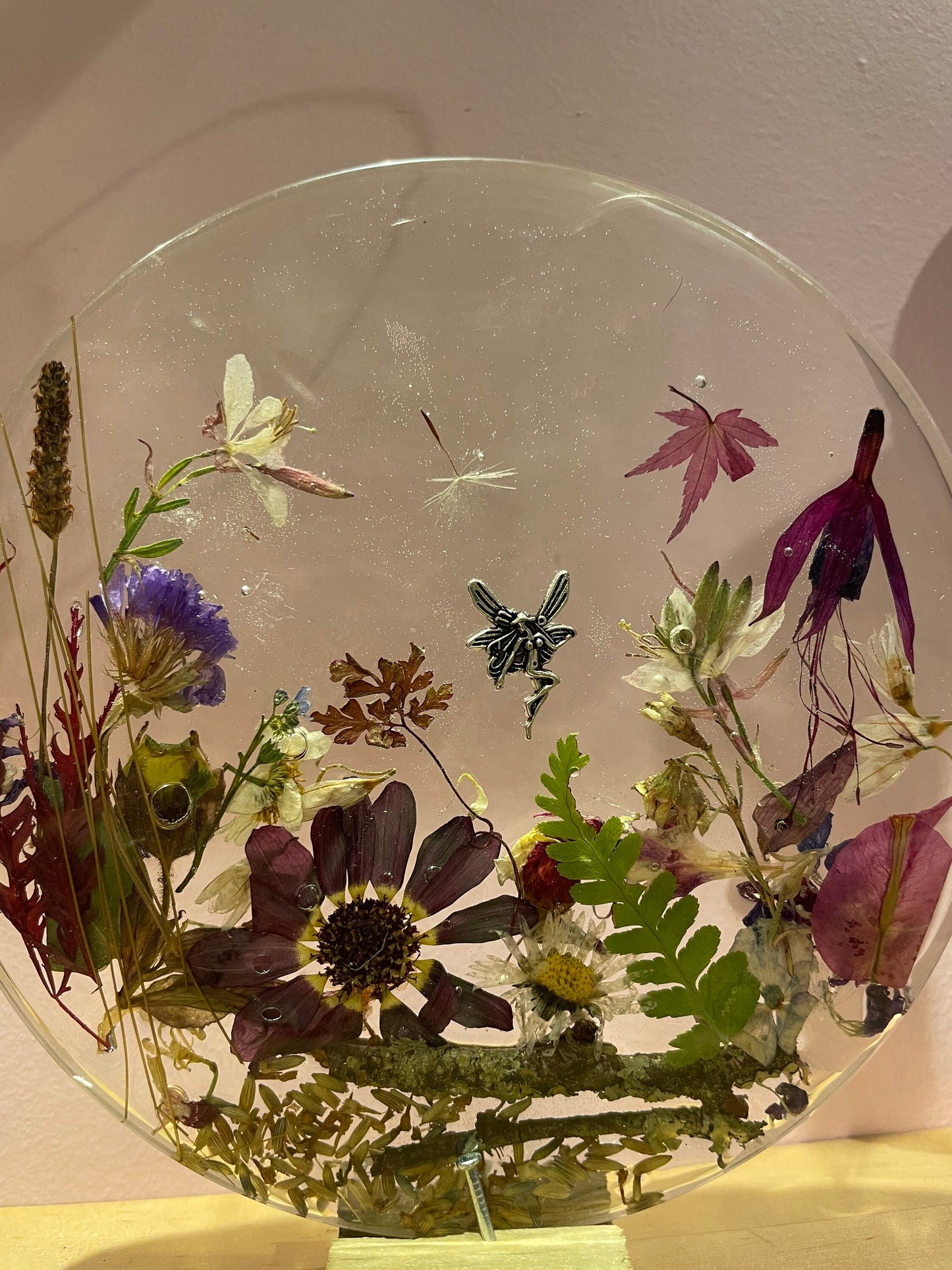 wildflower resin freestanding gift for her, resin and dried flower scene with silver fairy, flowers in resin gift for her,