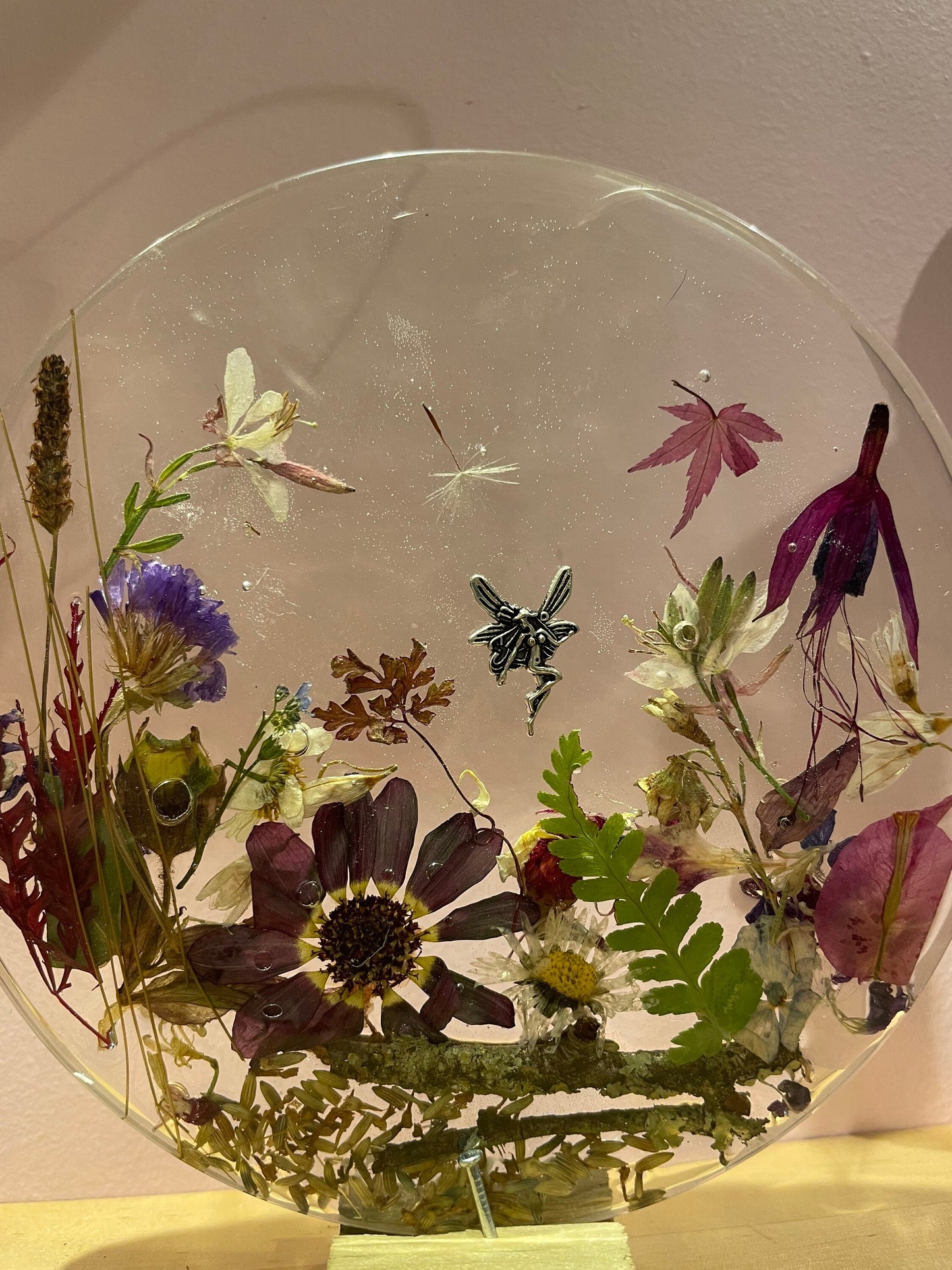 wildflower resin freestanding gift for her, resin and dried flower scene with silver fairy, flowers in resin gift for her,