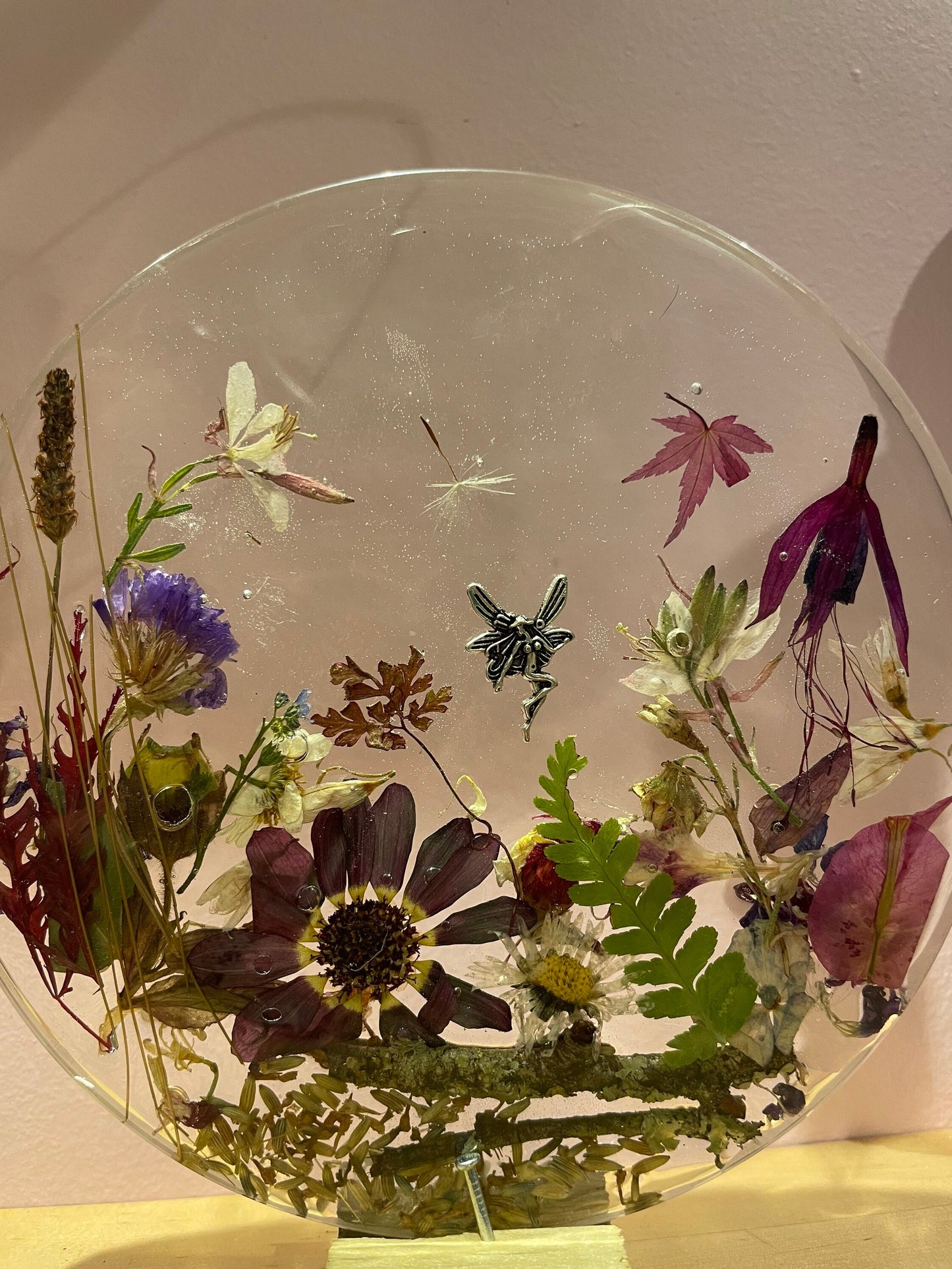 wildflower resin freestanding gift for her, resin and dried flower scene with silver fairy, flowers in resin gift for her,