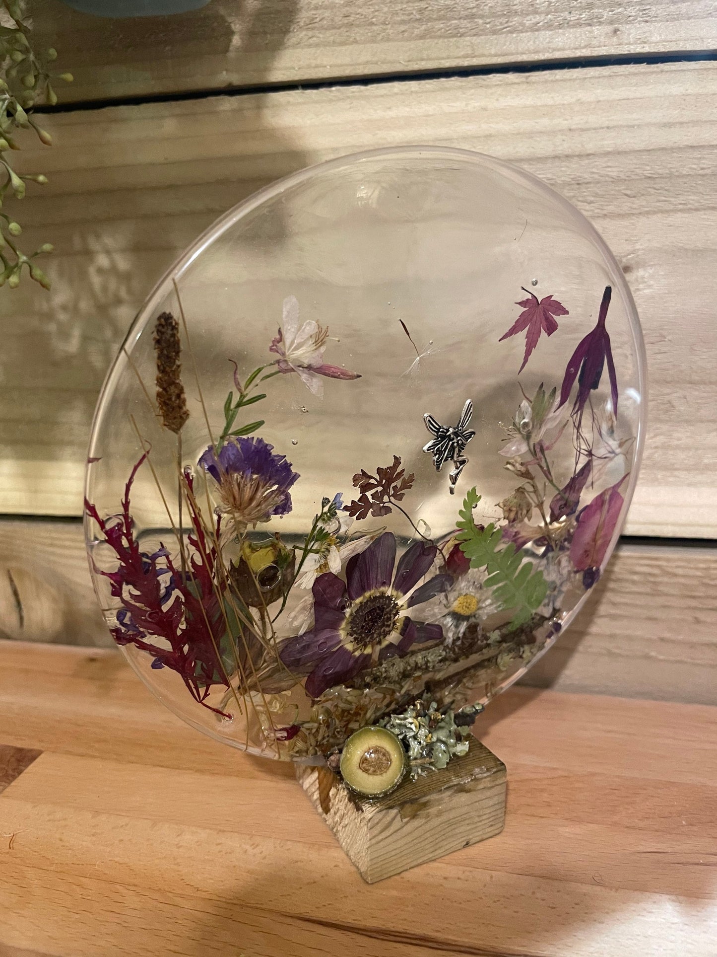 wildflower resin freestanding gift for her, resin and dried flower scene with silver fairy, flowers in resin gift for her,