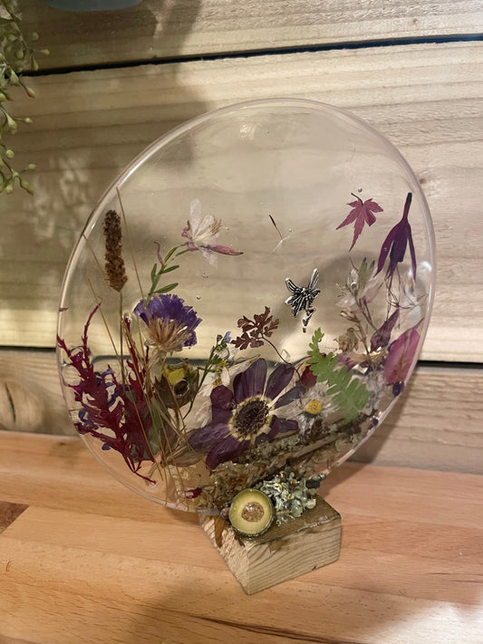 wildflower resin freestanding gift for her, resin and dried flower scene with silver fairy, flowers in resin gift for her,