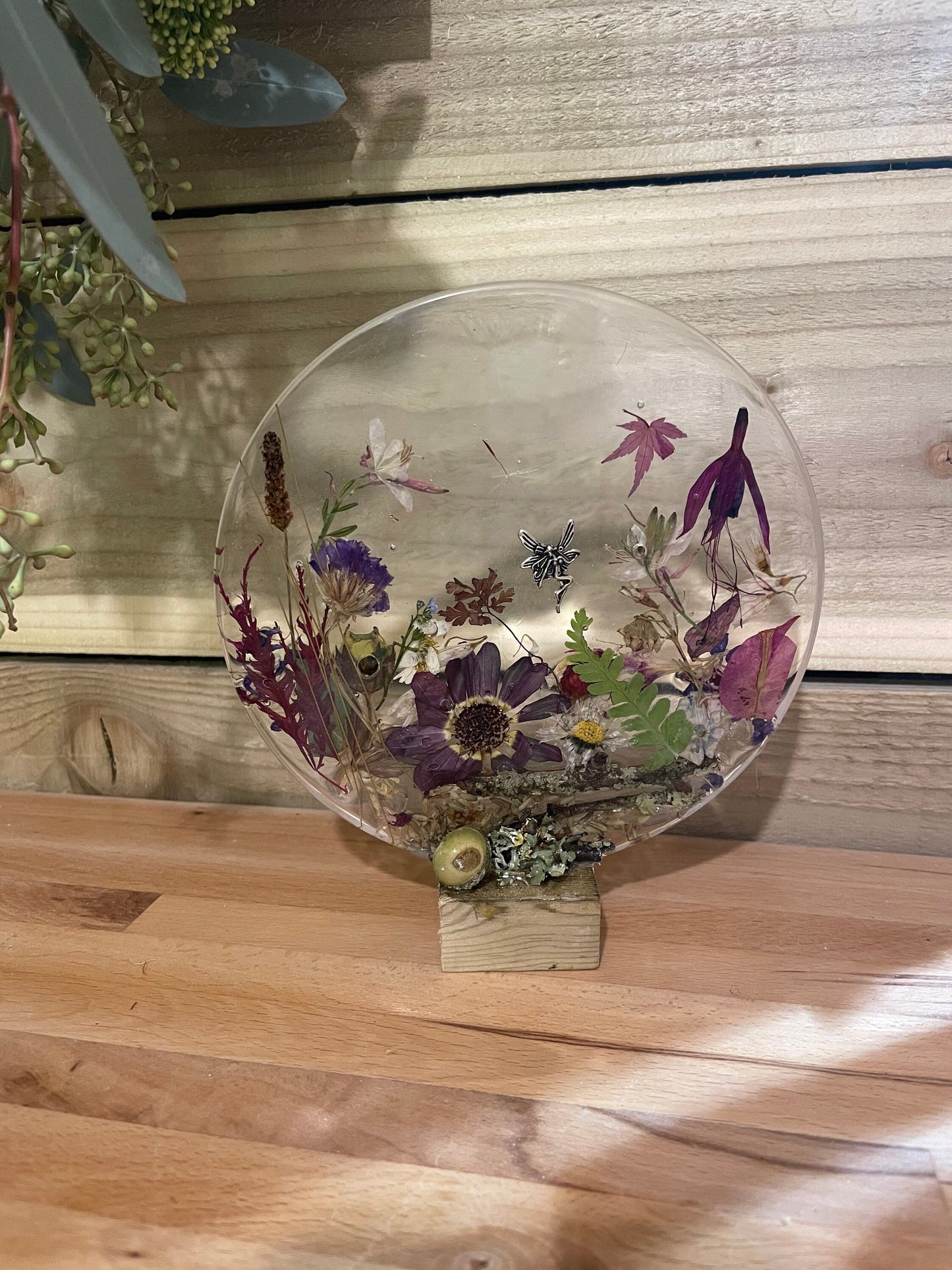wildflower resin freestanding gift for her, resin and dried flower scene with silver fairy, flowers in resin gift for her,