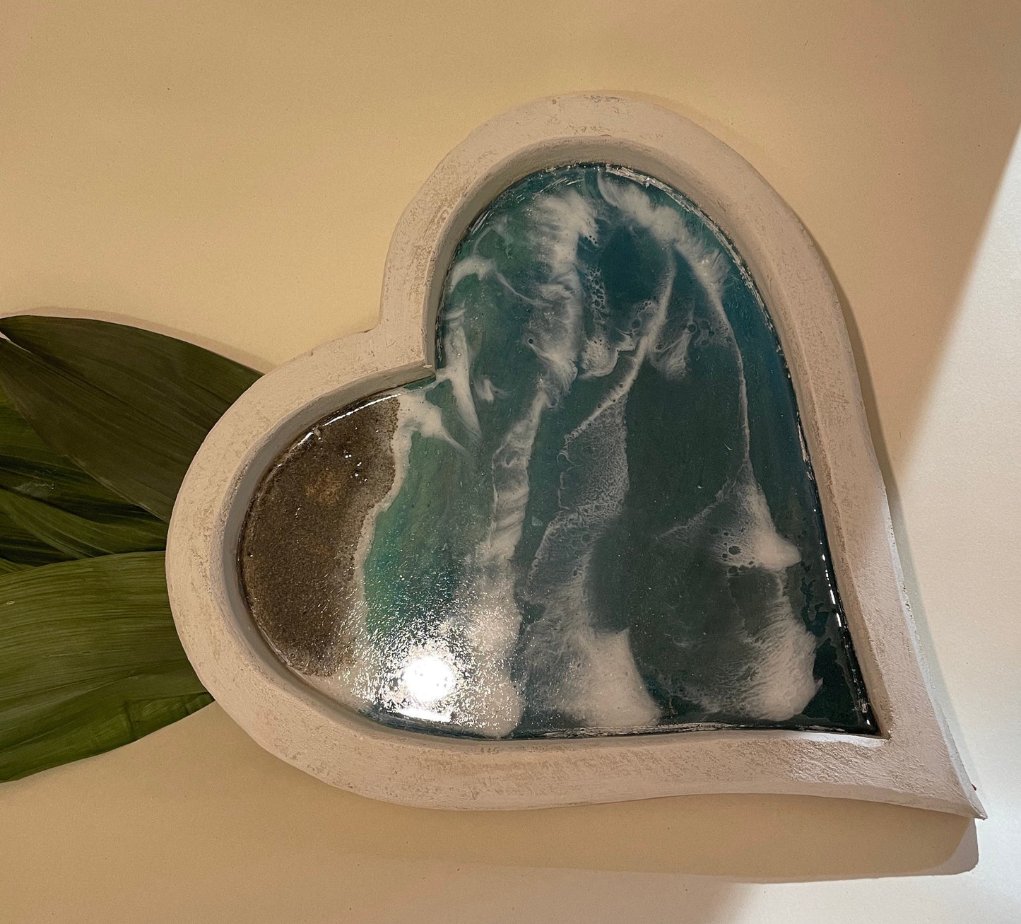 White heart shaped dish with resin waves coastal home decor gift for her, handmade gift, unique gift, Christmas gift for her,