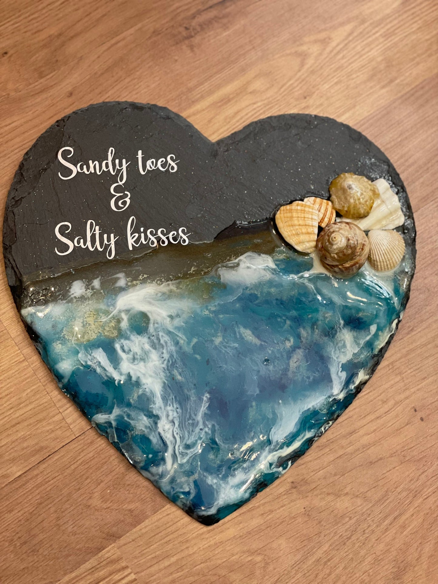 Waves in resin beach art on slate heart, sandy toes and salty kisses beach art, handmade gift for her, seaside resin wall art,