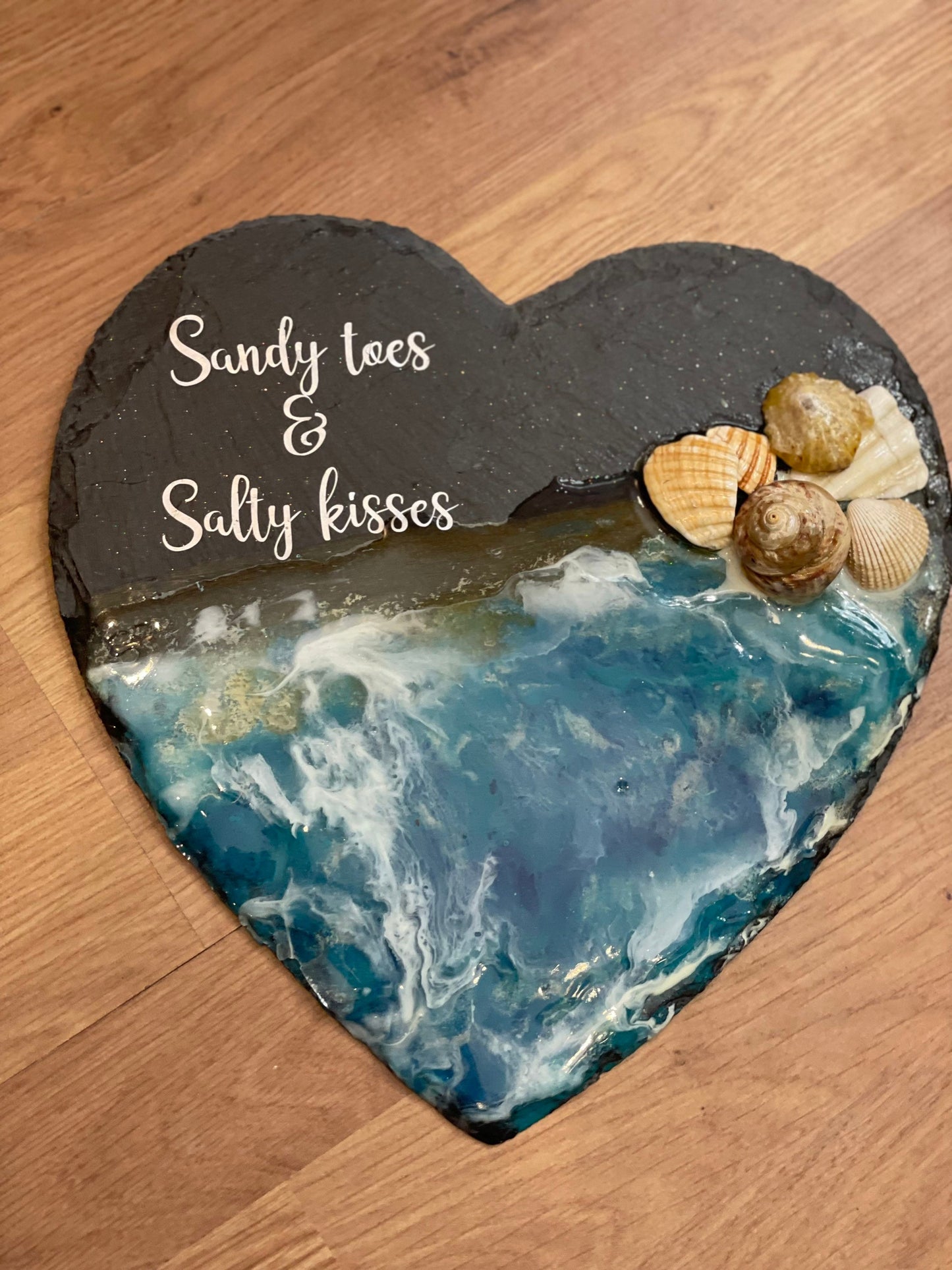 Waves in resin beach art on slate heart, sandy toes and salty kisses beach art, handmade gift for her, seaside resin wall art,