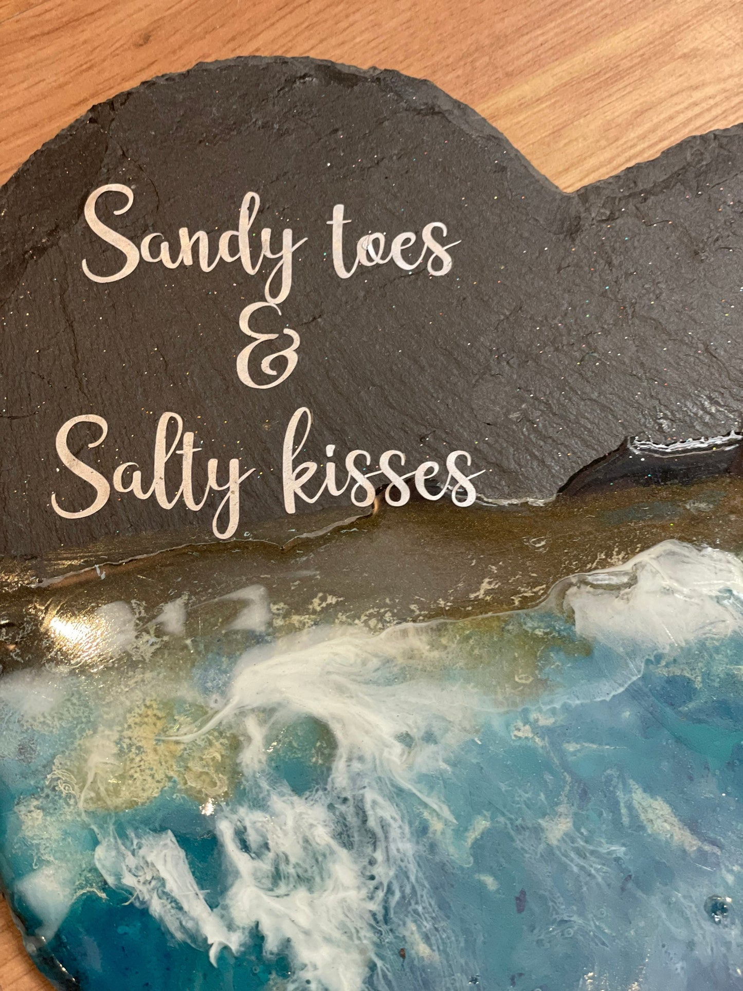 Waves in resin beach art on slate heart, sandy toes and salty kisses beach art, handmade gift for her, seaside resin wall art,