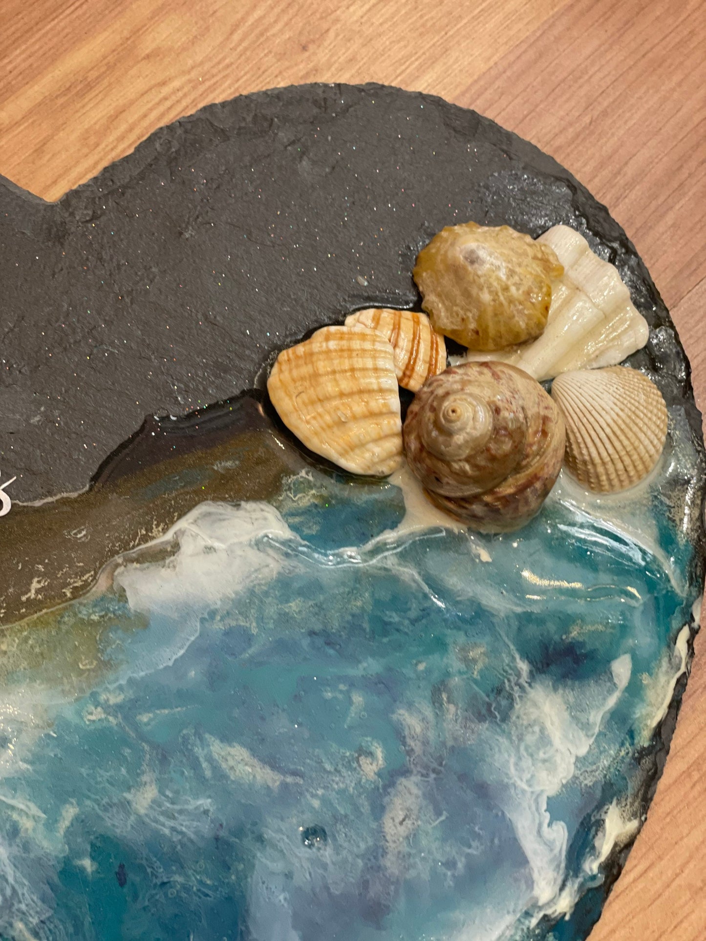 Waves in resin beach art on slate heart, sandy toes and salty kisses beach art, handmade gift for her, seaside resin wall art,