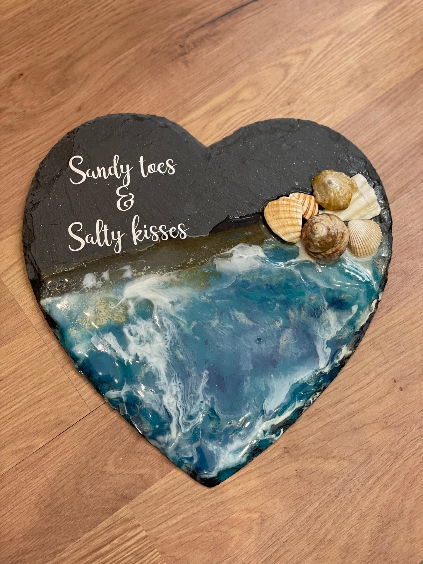 Waves in resin beach art on slate heart, sandy toes and salty kisses beach art, handmade gift for her, seaside resin wall art,