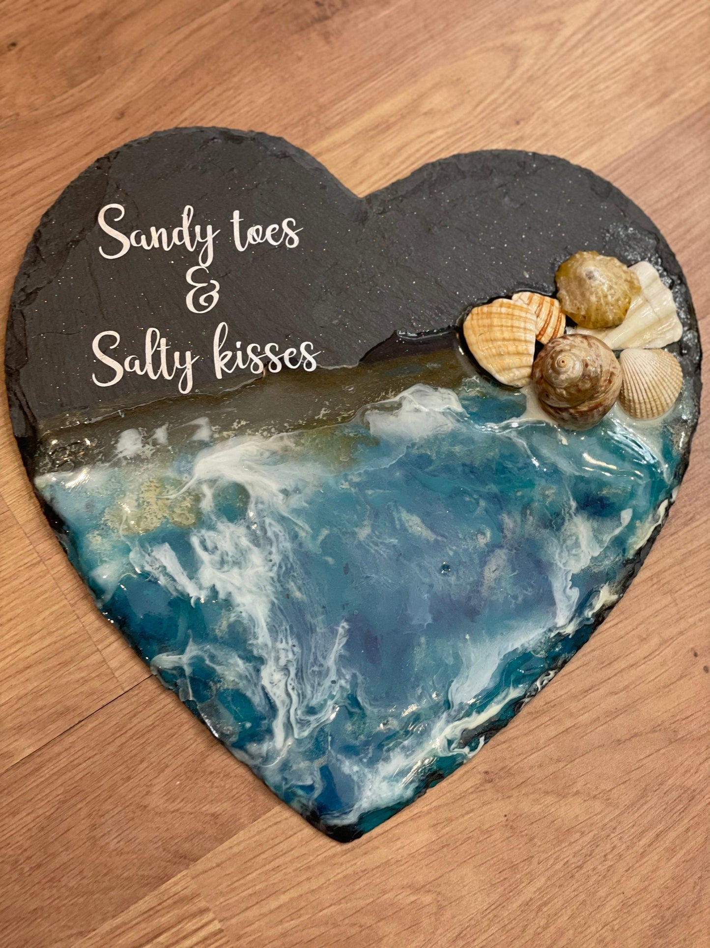 Waves in resin beach art on slate heart, sandy toes and salty kisses beach art, handmade gift for her, seaside resin wall art,