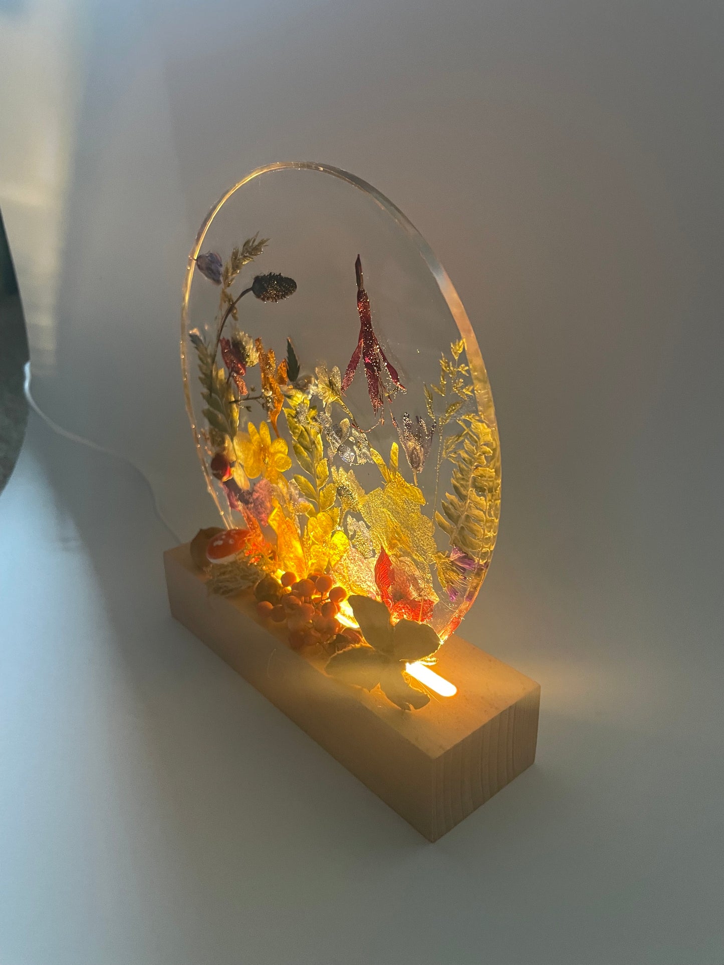 Wildflower and resin ornament with LED light up base