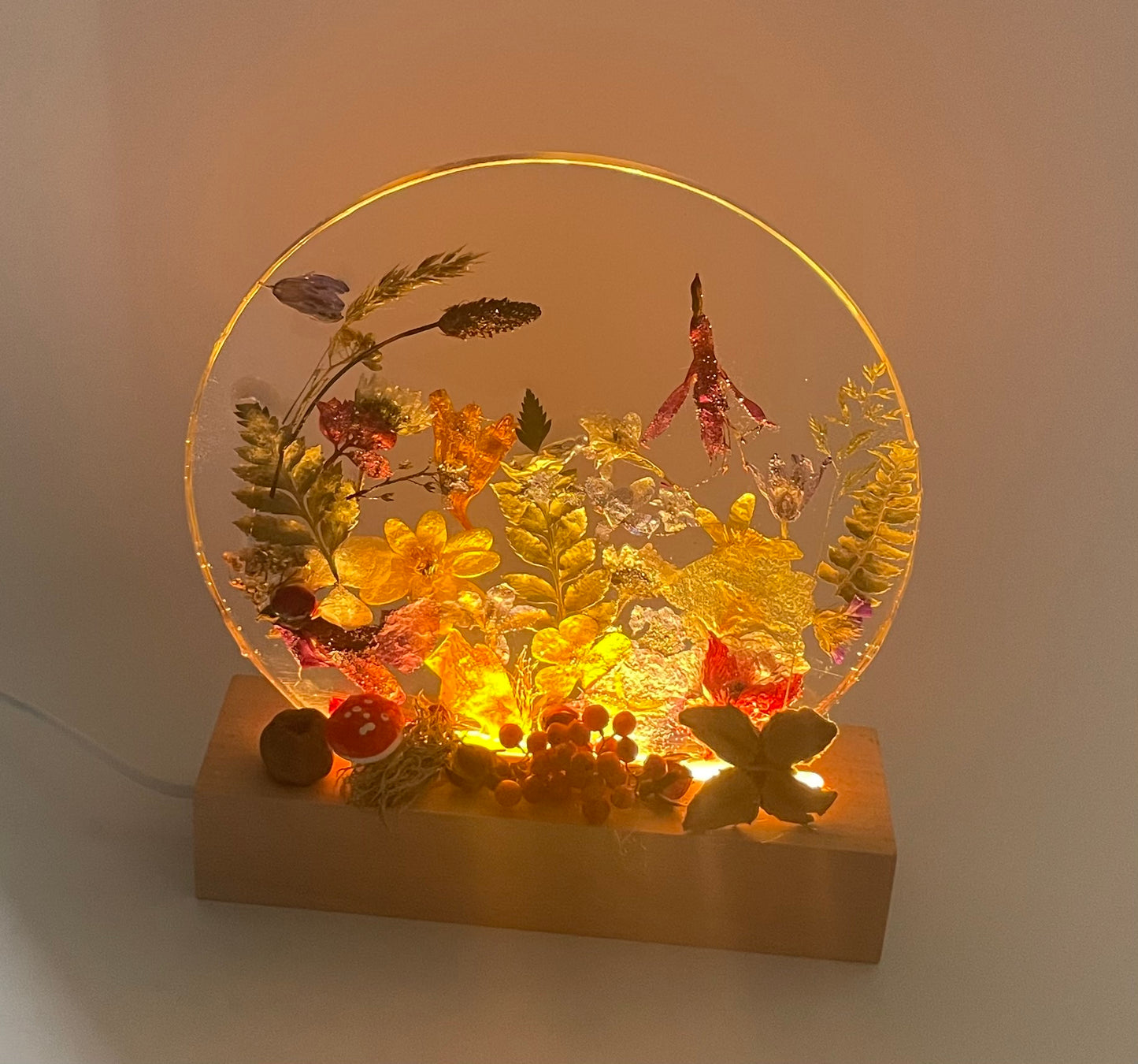 Wildflower and resin ornament with LED light up base