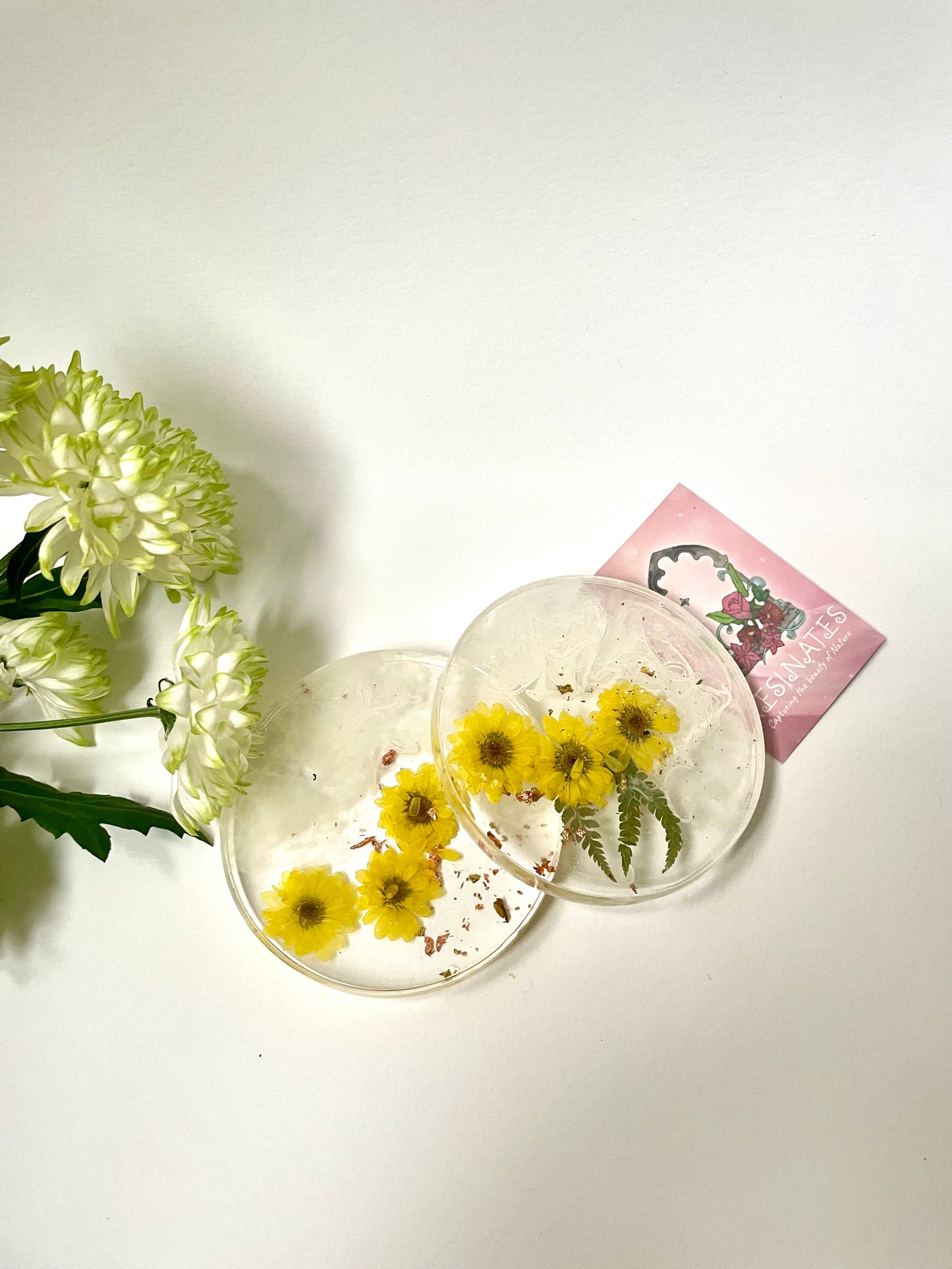 Dried yellow flower and resin coasters