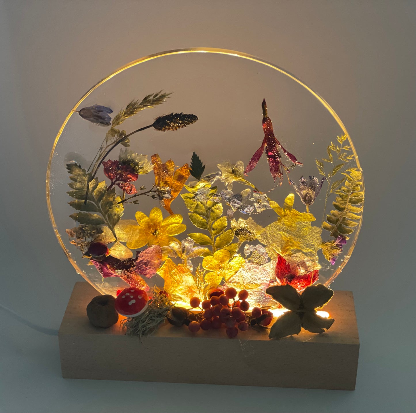 Wildflower and resin ornament with LED light up base