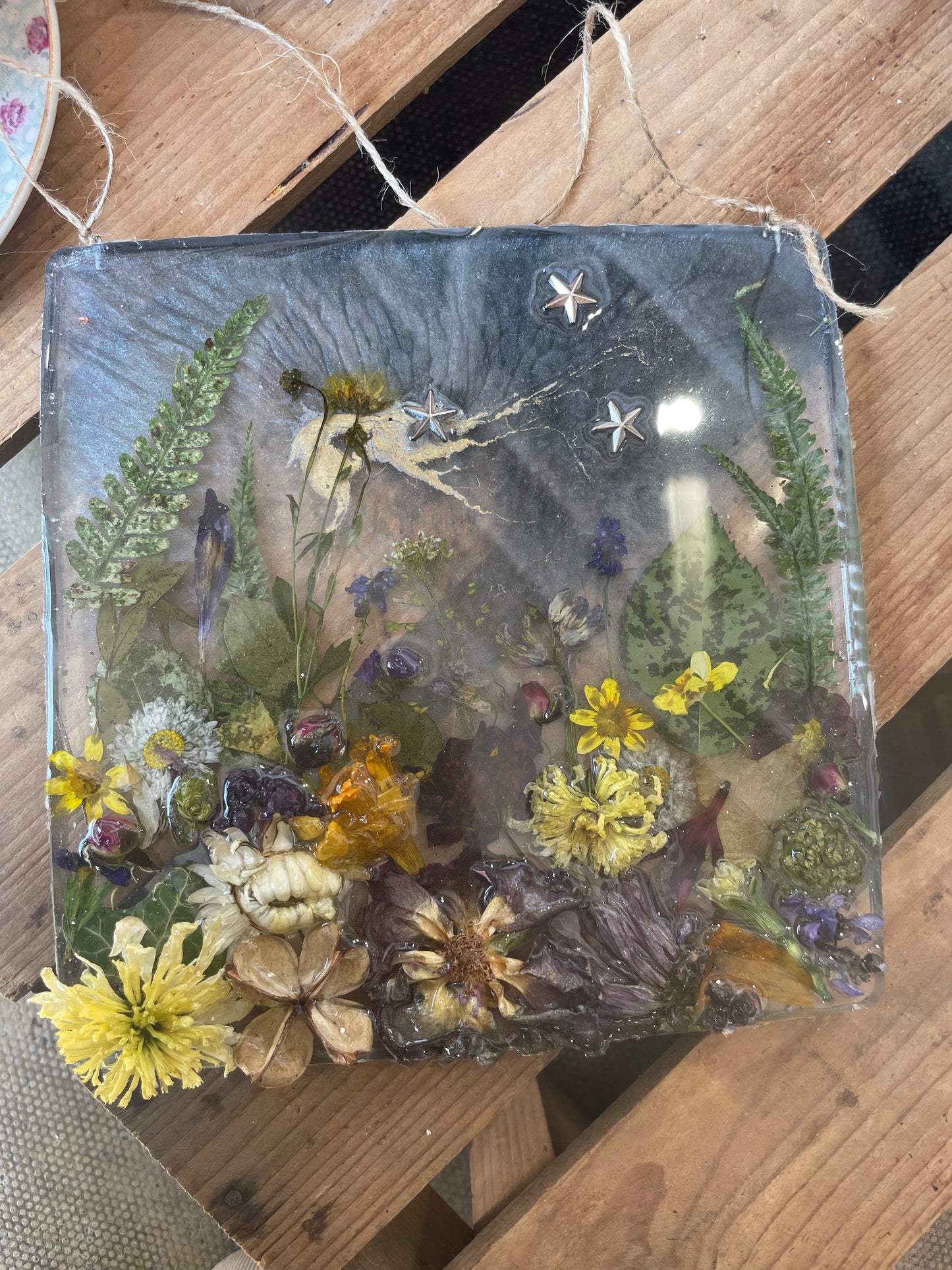 Real flower and resin woodland scene