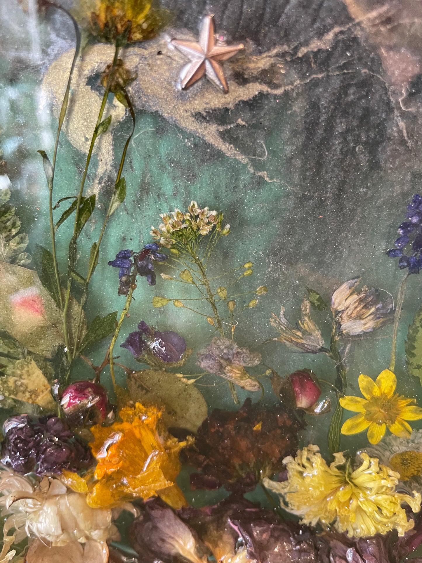 Real flower and resin woodland scene