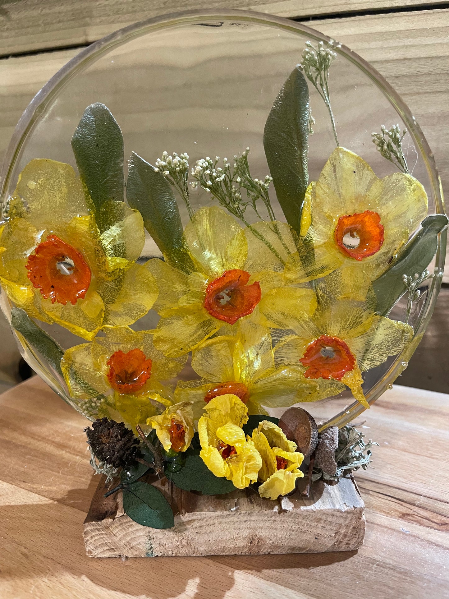 Real daffodils in resin freestanding ornament, handmade real flower gift for her