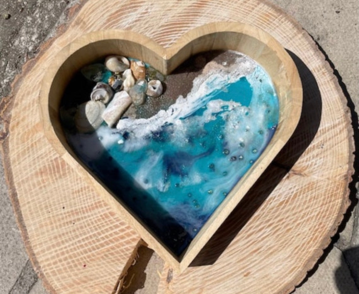 Resin wave heart wooden trinket dish