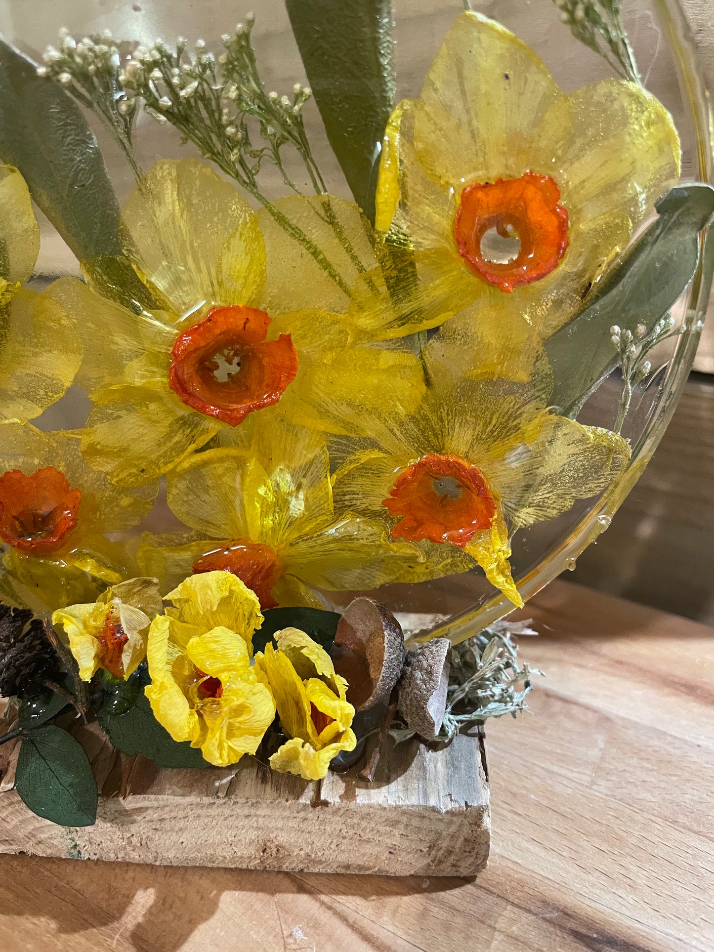 Real daffodils in resin freestanding ornament, handmade real flower gift for her