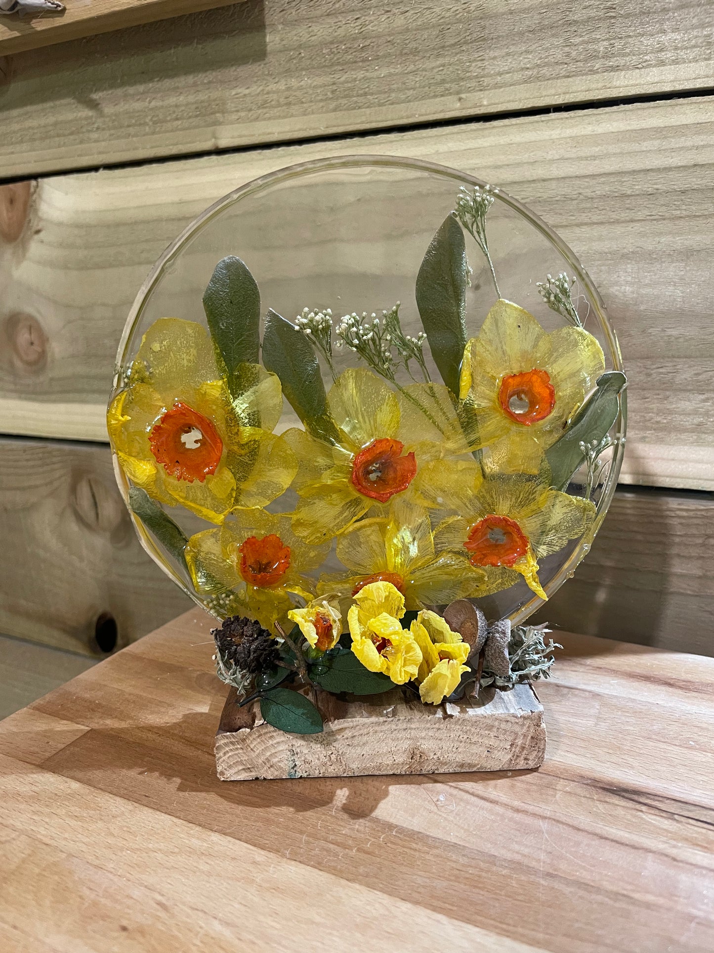 Real daffodils in resin freestanding ornament, handmade real flower gift for her