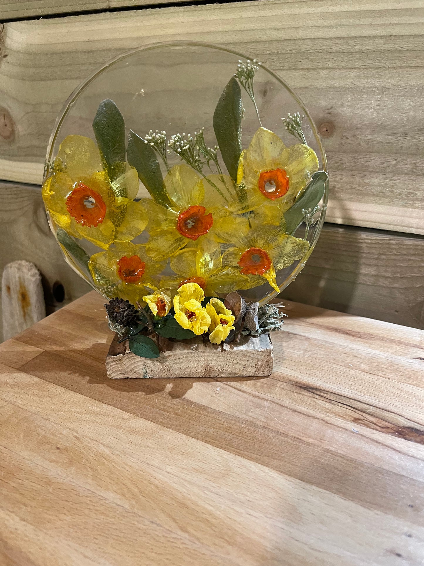 Real daffodils in resin freestanding ornament, handmade real flower gift for her