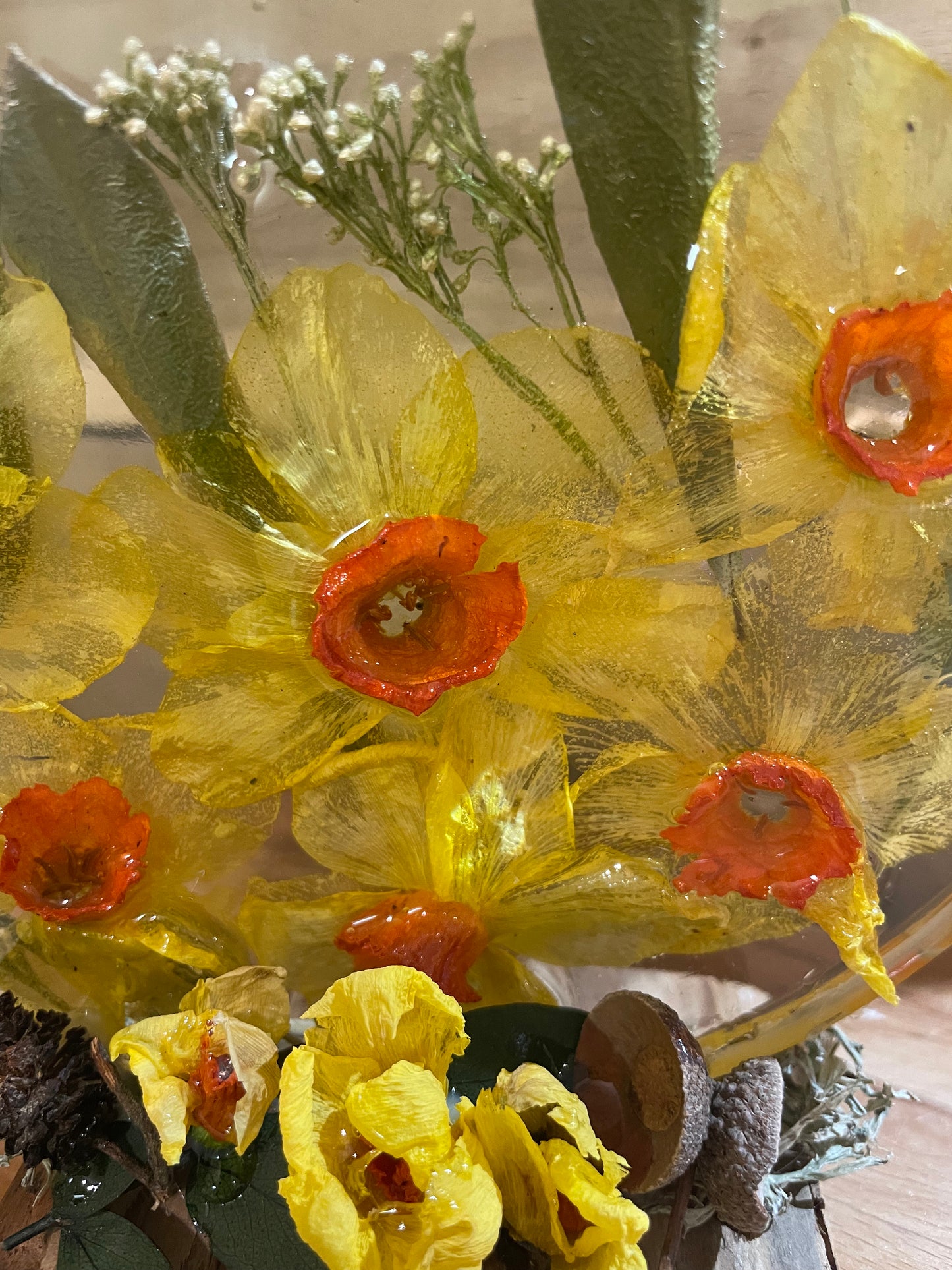 Real daffodils in resin freestanding ornament, handmade real flower gift for her