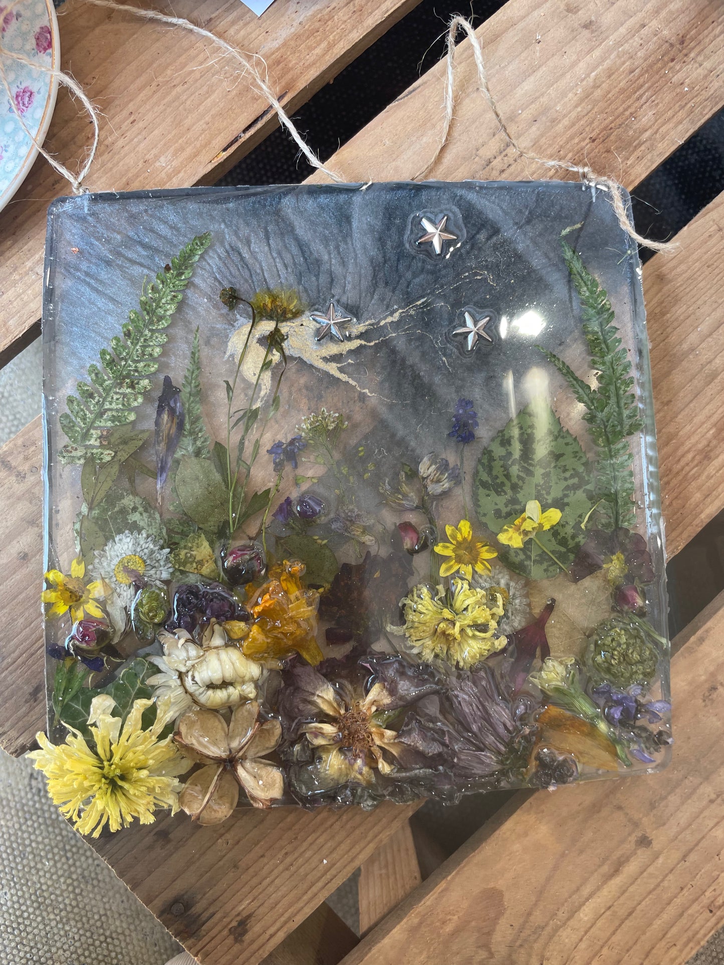 Real flower and resin woodland scene