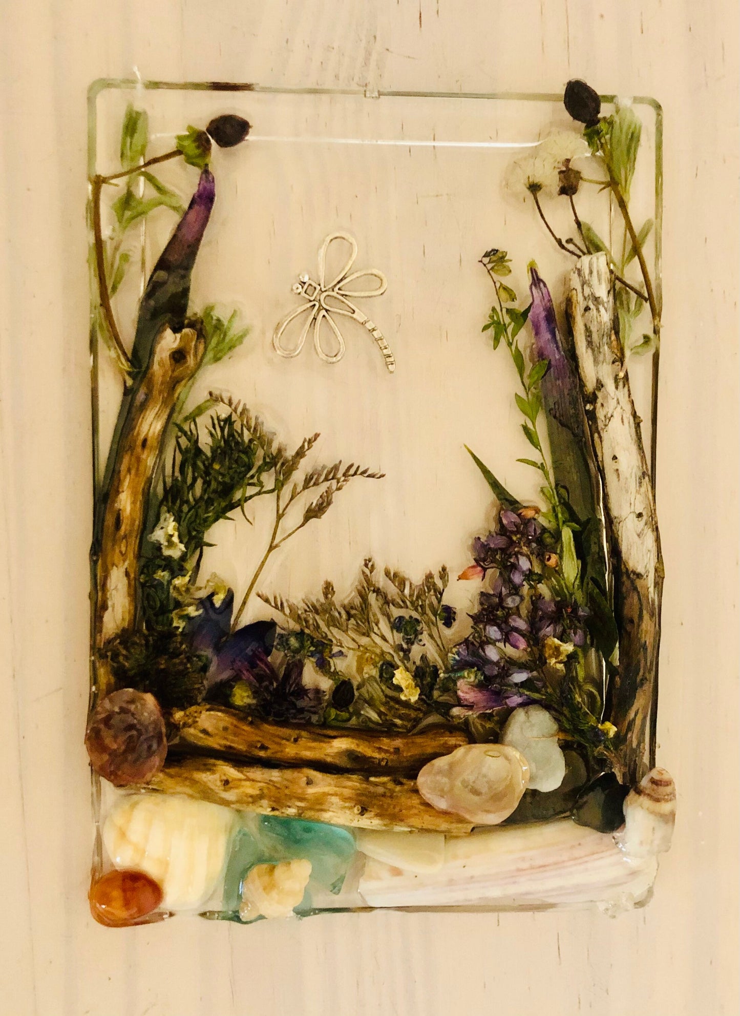 Real flower and resin woodland scene with Dragonfly, unique wall hanging decor, gift for her,present for nature lovers,birthday gift,