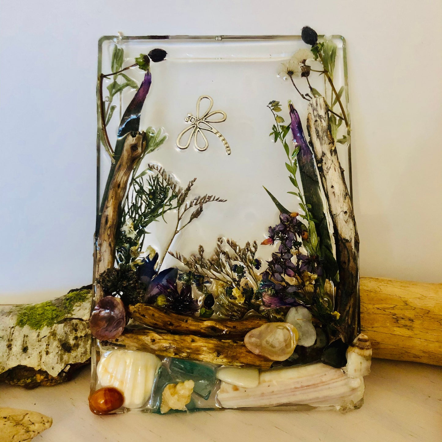 Real flower and resin woodland scene with Dragonfly, unique wall hanging decor, gift for her,present for nature lovers,birthday gift,