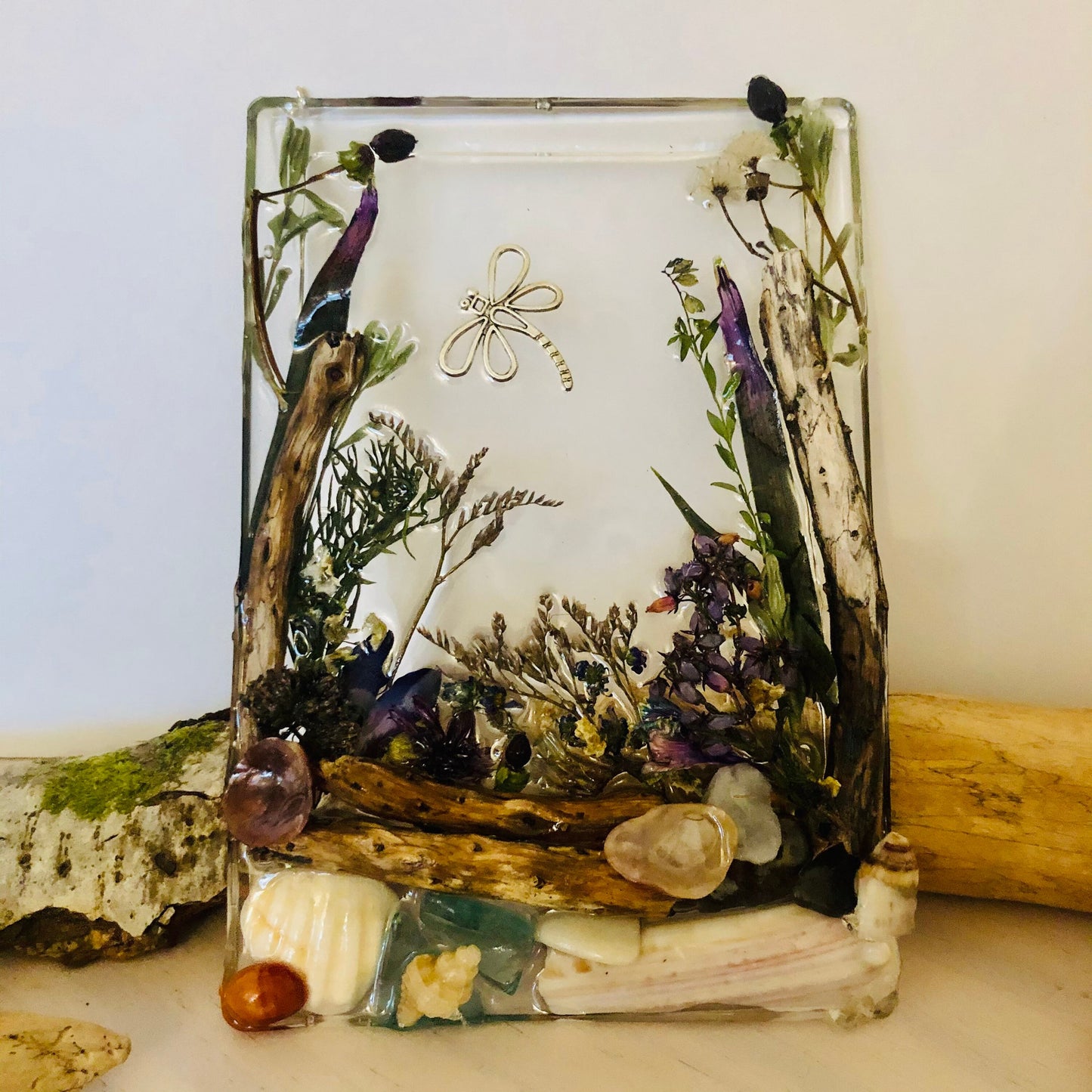 Real flower and resin woodland scene with Dragonfly, unique wall hanging decor, gift for her,present for nature lovers,birthday gift,