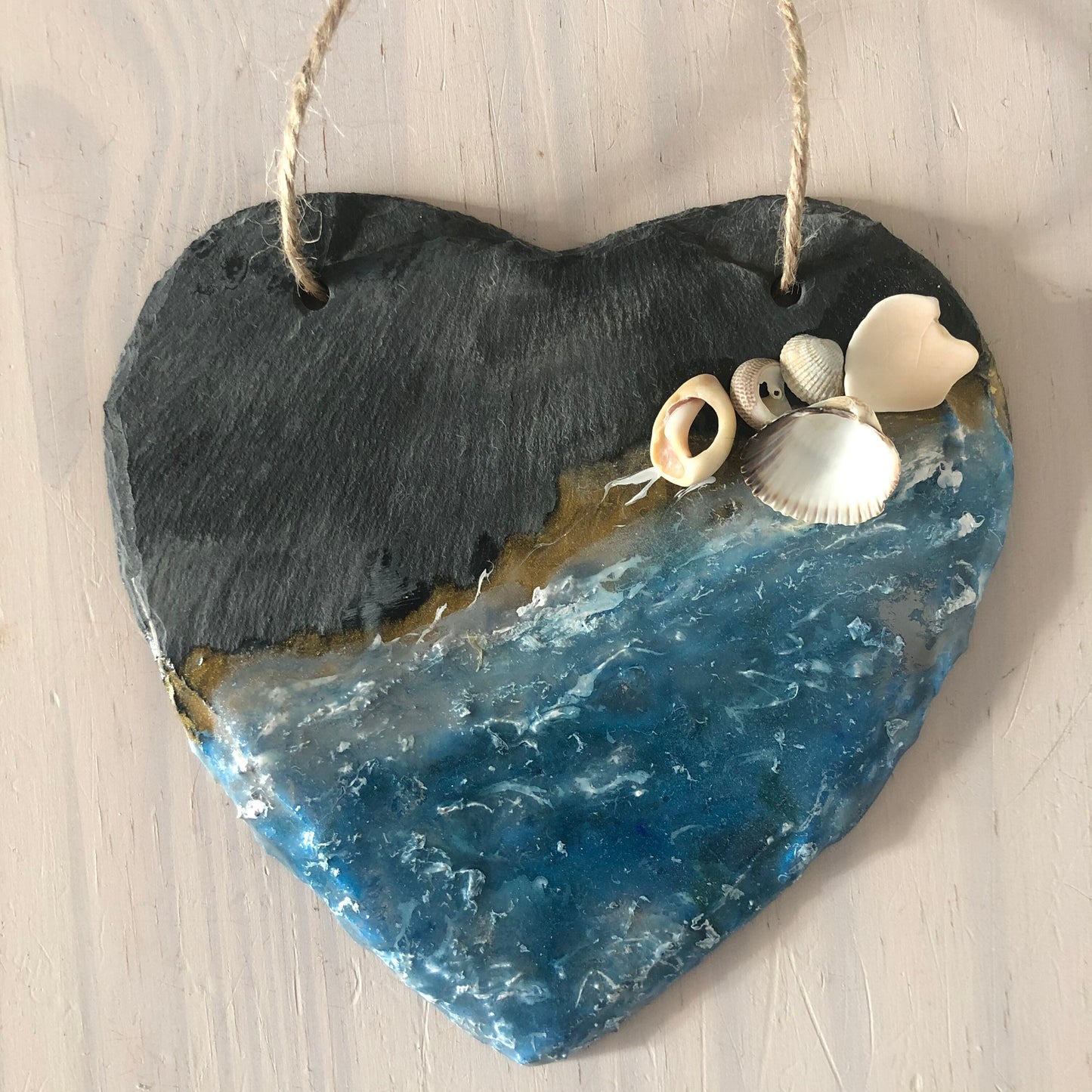 Resin waves Slate heart wall art decoration,resin ocean and real shell decor,mothers day,beach lover gift,coastal beach art, seaside gift