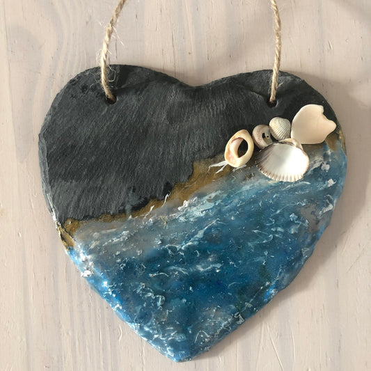 Resin waves Slate heart wall art decoration,resin ocean and real shell decor,mothers day,beach lover gift,coastal beach art, seaside gift