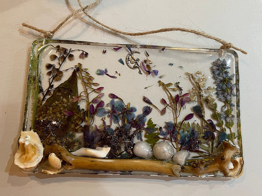 Real flowers and resin fairy garden,woodland art,handmade gift , nature lovers gift, birthday gift for her, wall art gift, resin flowers