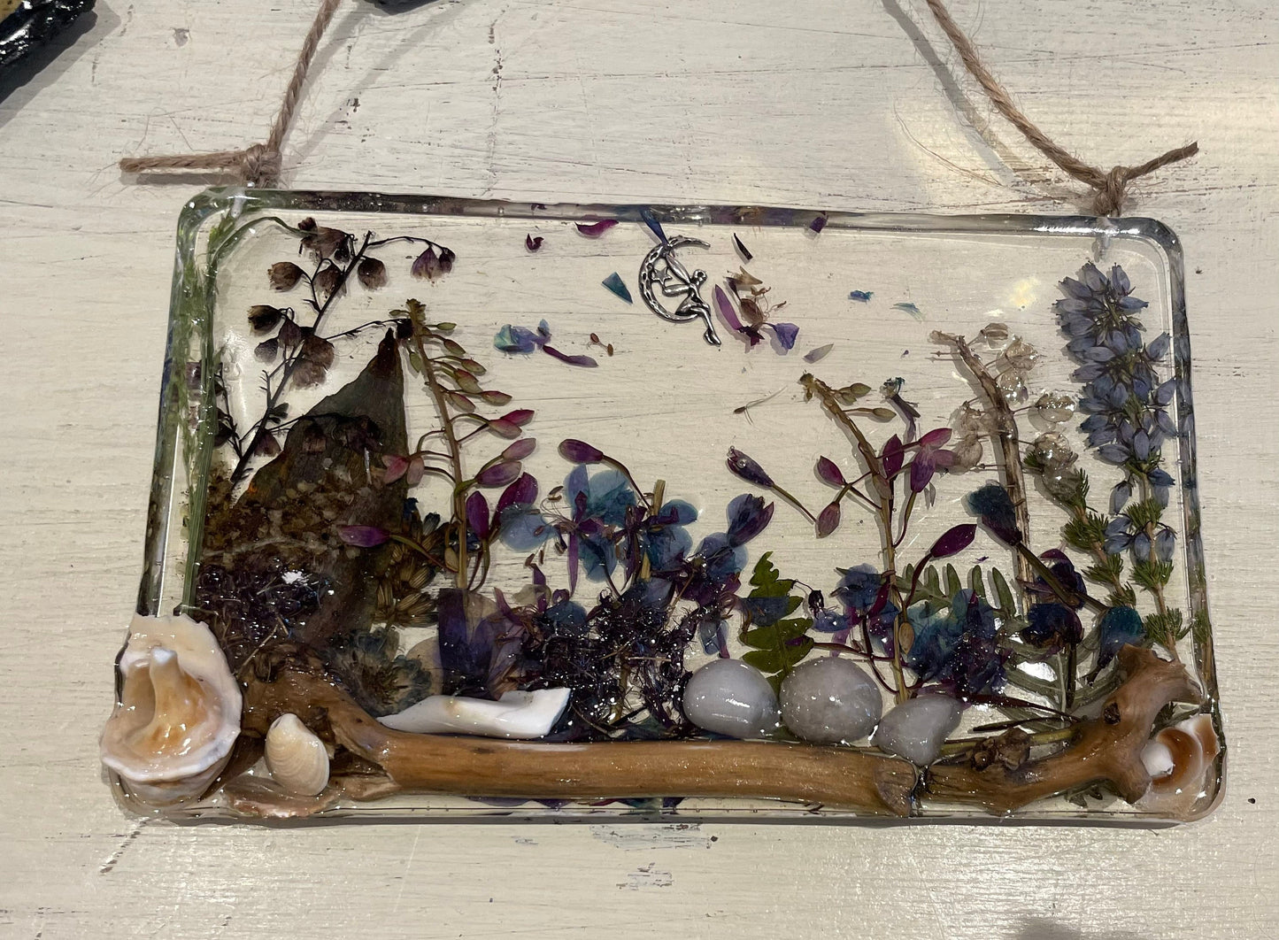 Real flowers and resin fairy garden,woodland art,handmade gift , nature lovers gift, birthday gift for her, wall art gift, resin flowers