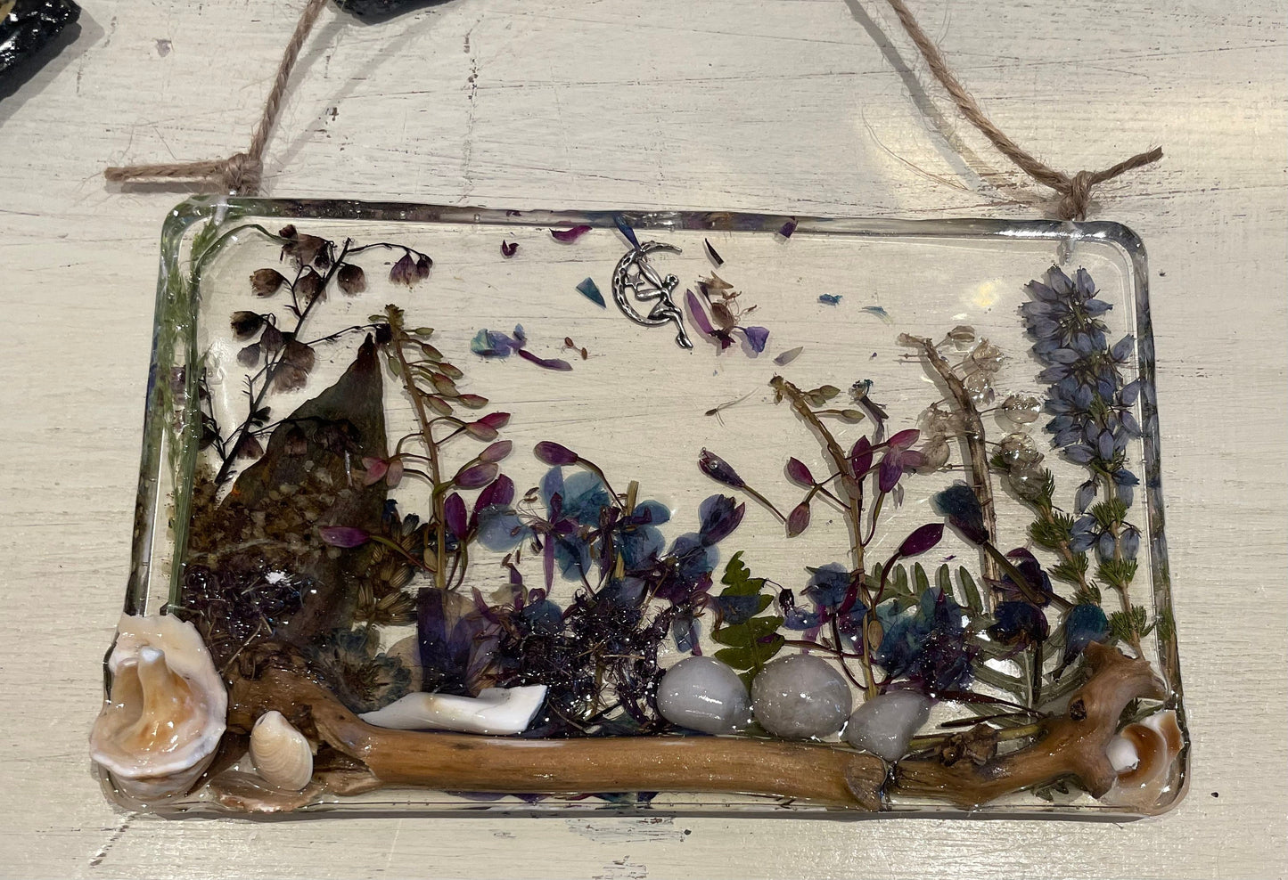 Real flowers and resin fairy garden,woodland art,handmade gift , nature lovers gift, birthday gift for her, wall art gift, resin flowers