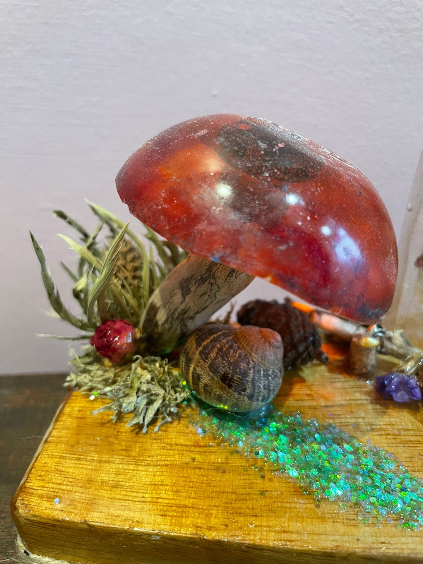 resin flower art with fairy door and resin toadstool,resin toadstool decor,fairy garden, gift for fairy lover, birthday, Mother’s Day gift,