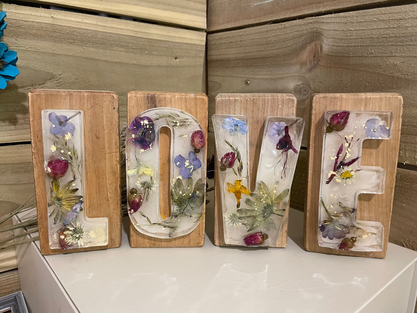 Love sign made from real flowers in resin and reclaimed wood, love gift for her, anniversary gift for special couple, unique wedding gift,