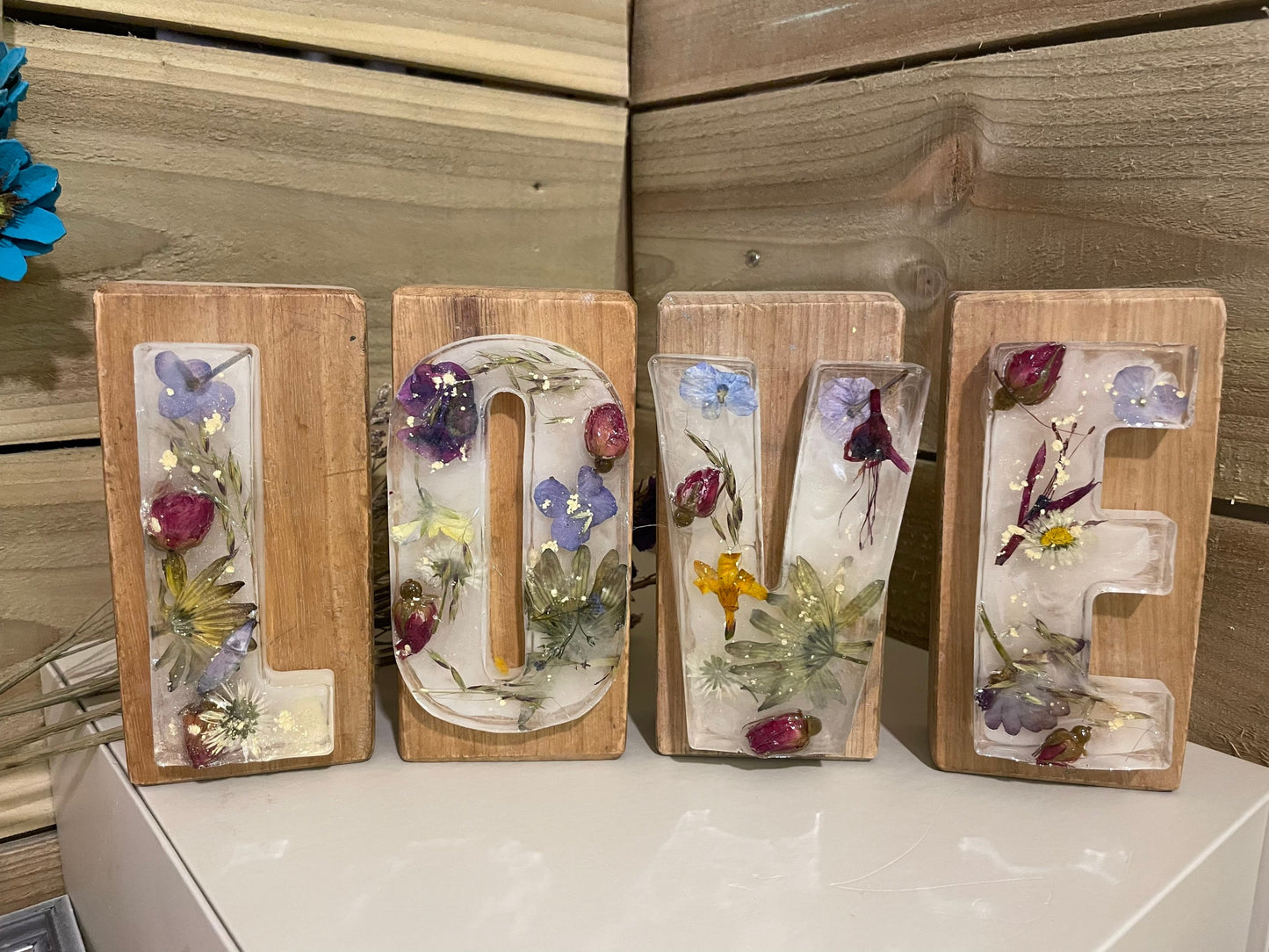 Love sign made from real flowers in resin and reclaimed wood, love gift for her, anniversary gift for special couple, unique wedding gift,