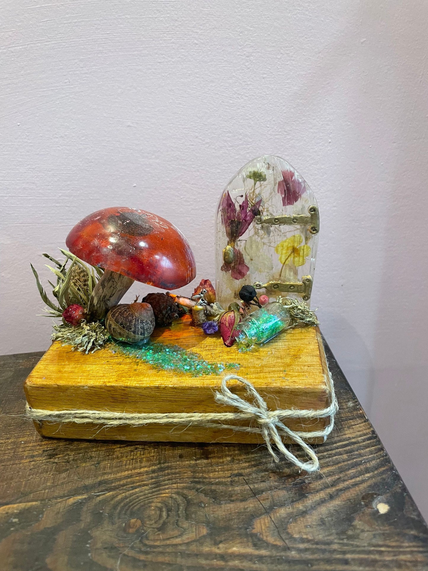 resin flower art with fairy door and resin toadstool,resin toadstool decor,fairy garden, gift for fairy lover, birthday, Mother’s Day gift,