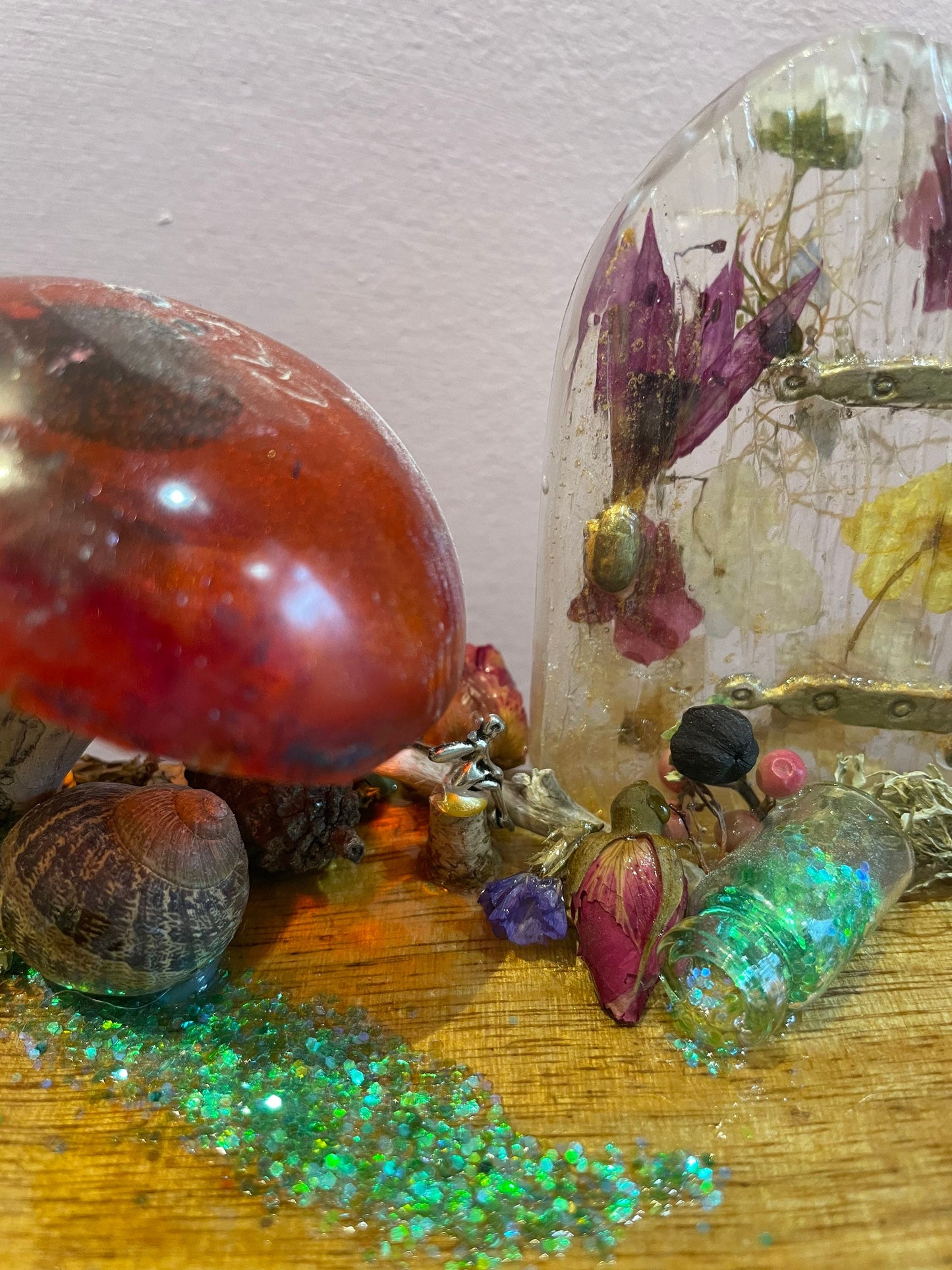 resin flower art with fairy door and resin toadstool,resin toadstool decor,fairy garden, gift for fairy lover, birthday, Mother’s Day gift,