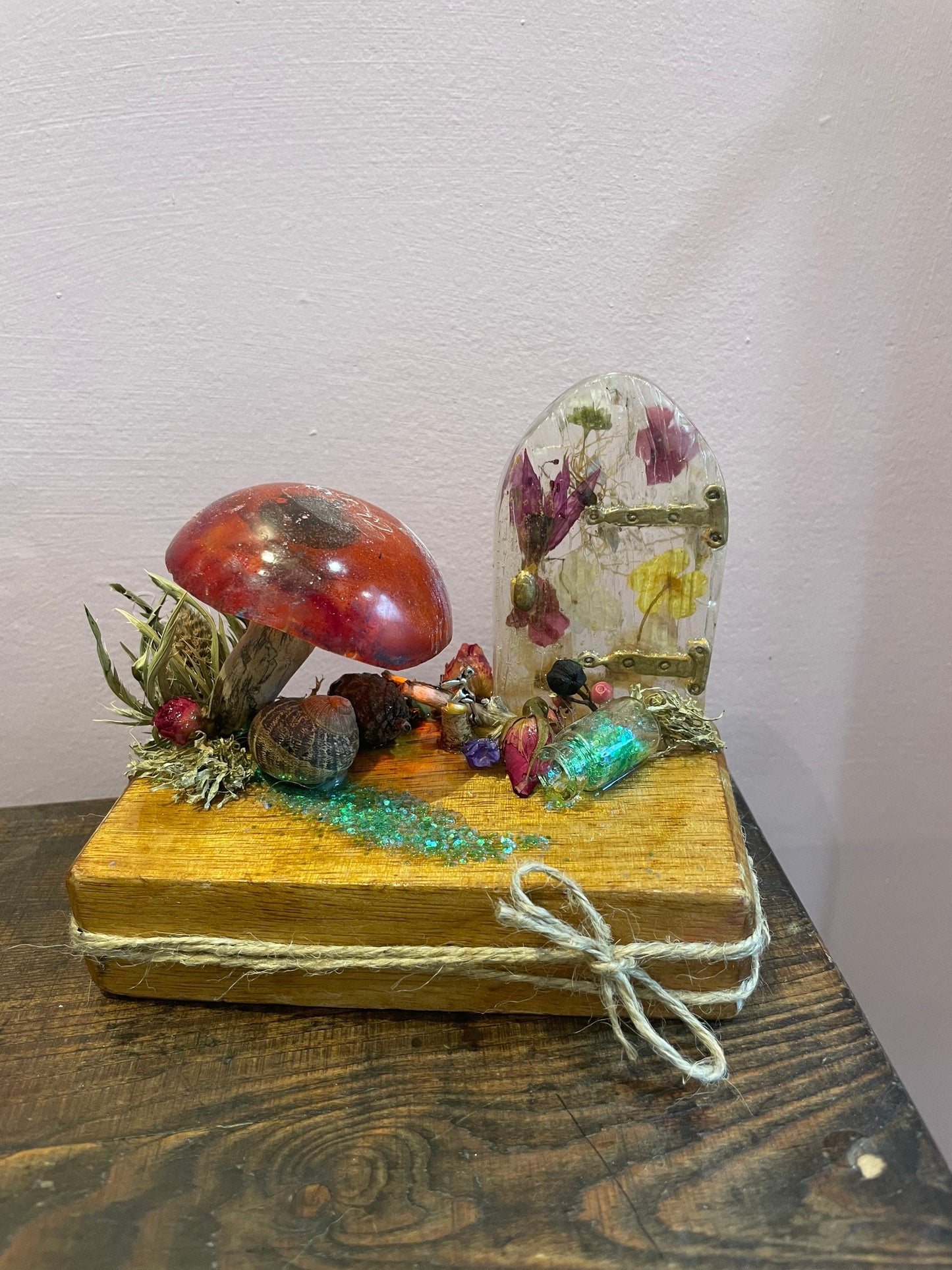 resin flower art with fairy door and resin toadstool,resin toadstool decor,fairy garden, gift for fairy lover, birthday, Mother’s Day gift,