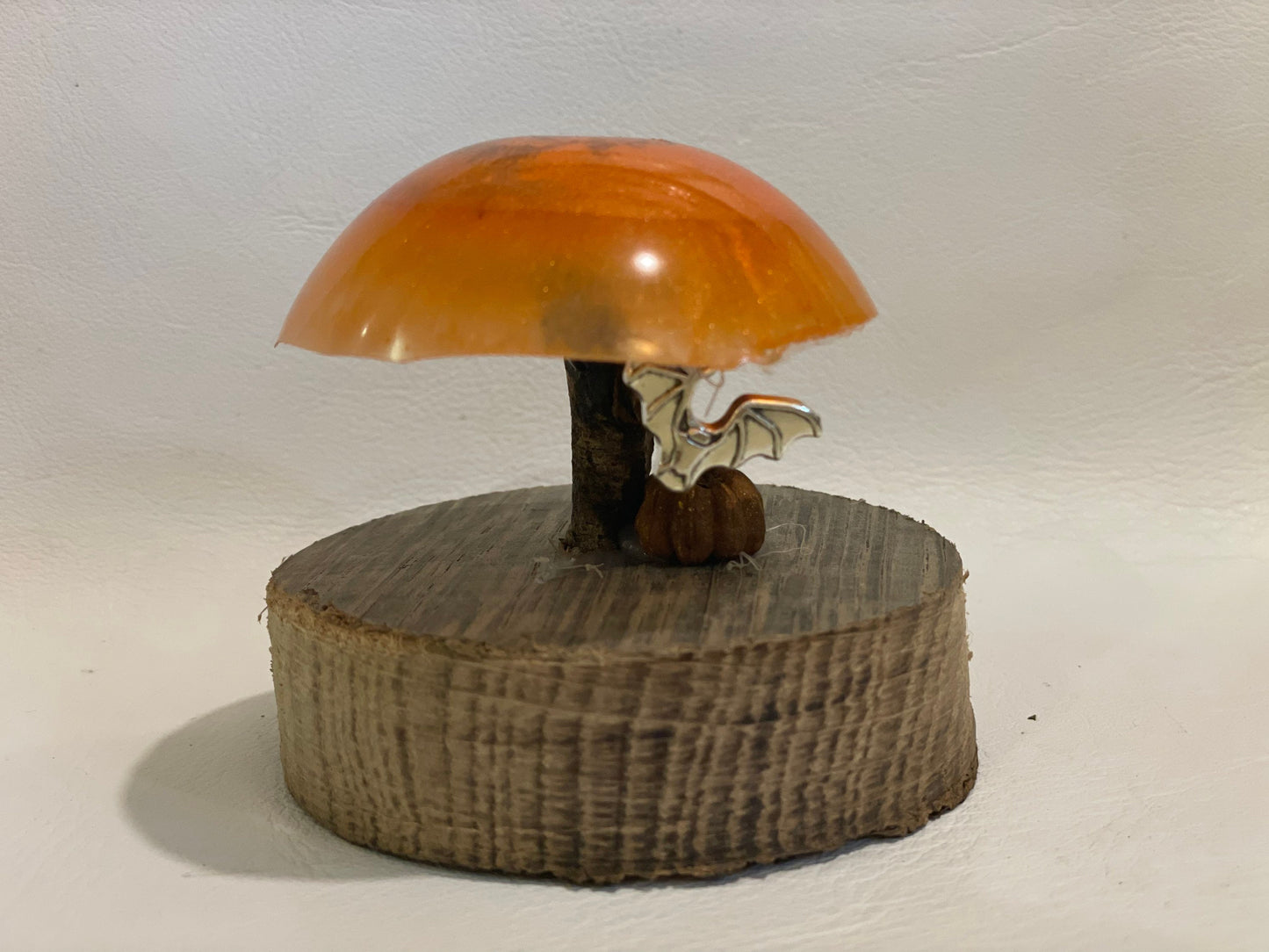 Woodland toadstool autumn Halloween decoration, resin toadstool ornament, toadstool with silver bat, gift for goths/witches and friends