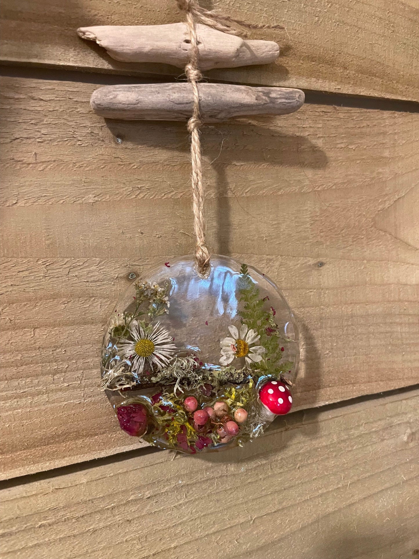 Toadstool in woodland resin hanging decor,  woodland wall art, birthday gift, Christmas gift, handmade gift for her, resin flower wall art