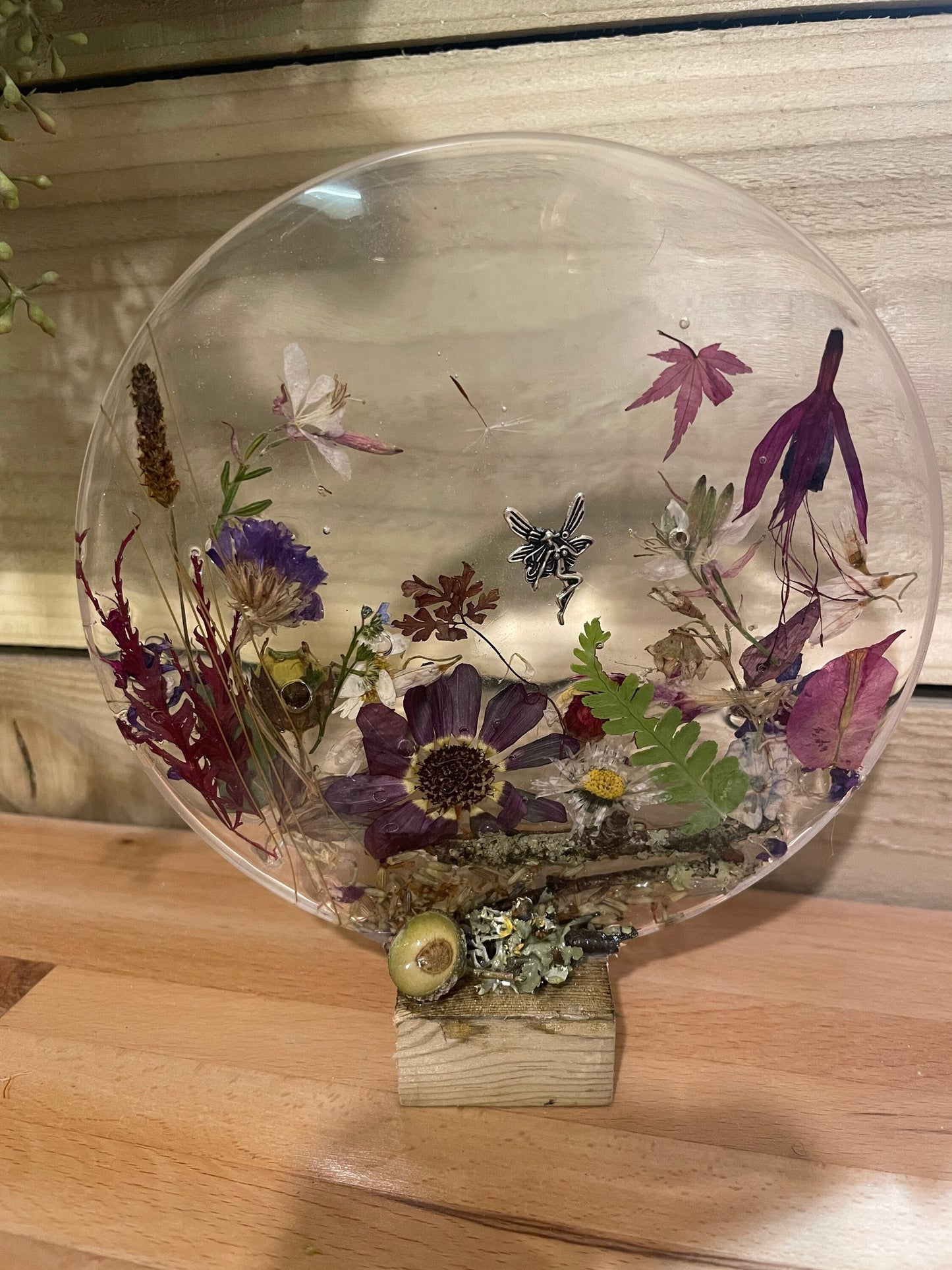 wildflower resin freestanding gift for her, resin and dried flower scene with silver fairy, flowers in resin gift for her,