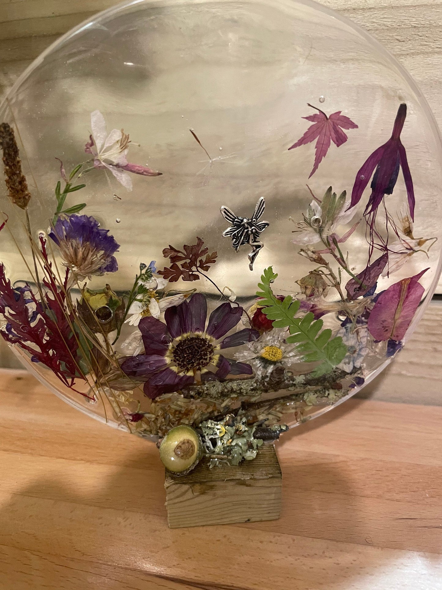 wildflower resin freestanding gift for her, resin and dried flower scene with silver fairy, flowers in resin gift for her,