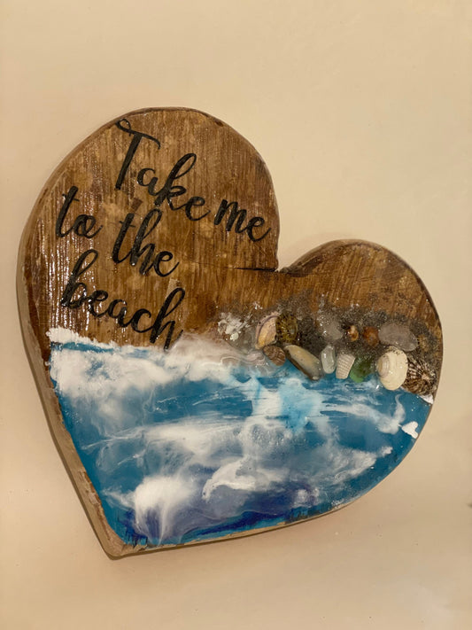 Take me to the beach wooden heart with resin waves statement wall art for coastal themed room, beach vibe sign for summer birthday gift,