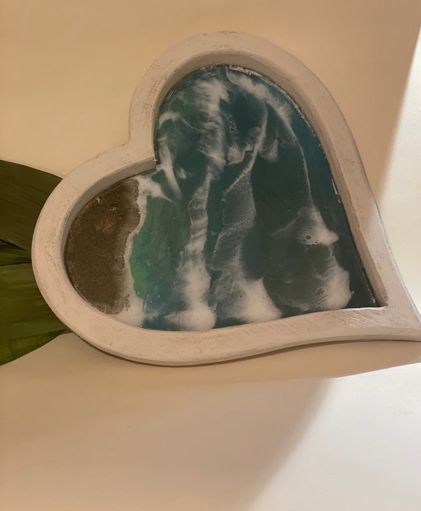 White heart shaped dish with resin waves coastal home decor gift for her, handmade gift, unique gift, Christmas gift for her,