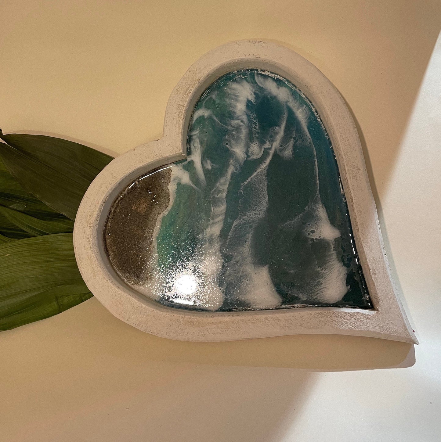 White heart shaped dish with resin waves coastal home decor gift for her, handmade gift, unique gift, Christmas gift for her,