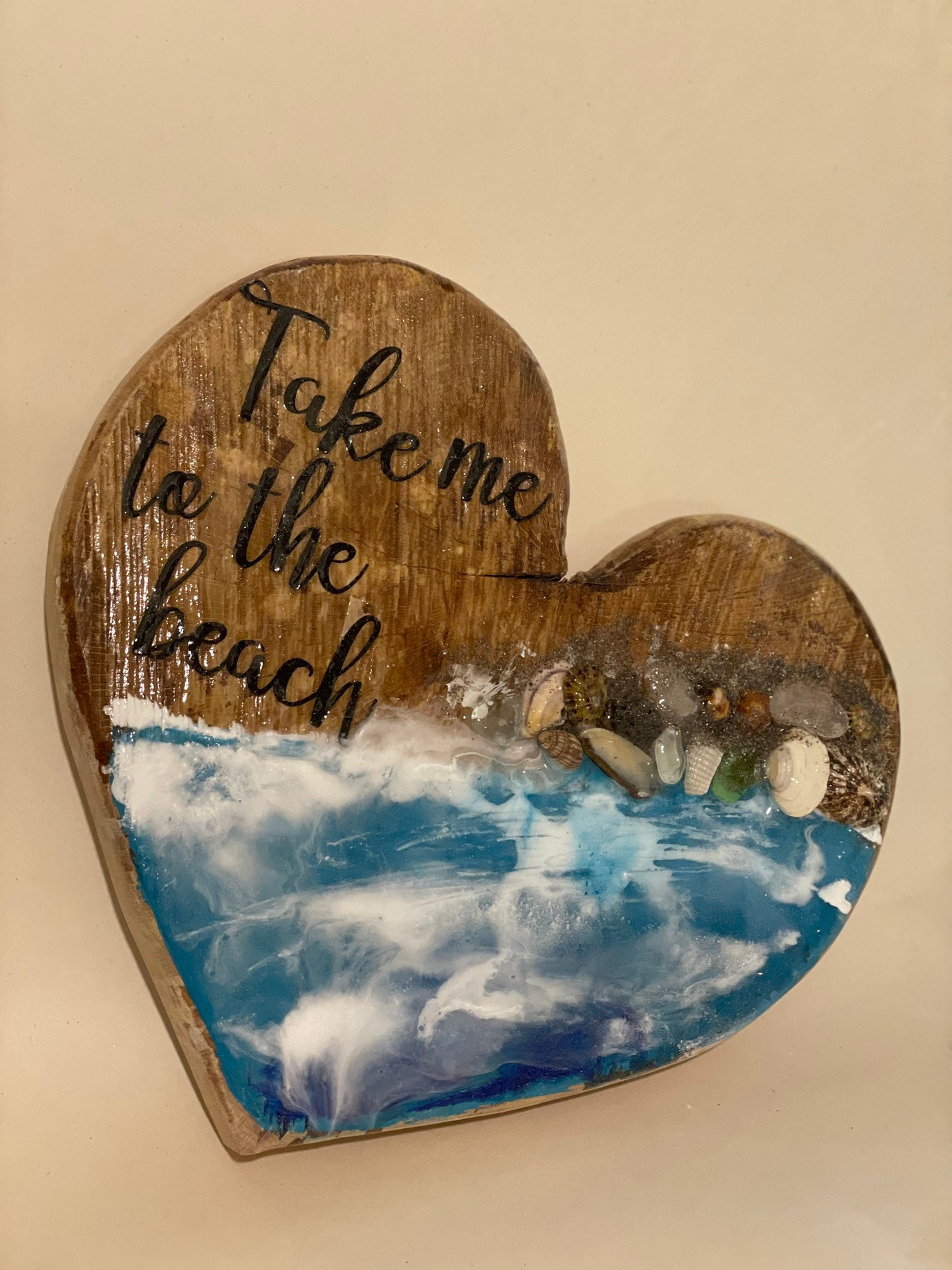 Take me to the beach wooden heart with resin waves statement wall art for coastal themed room, beach vibe sign for summer birthday gift,