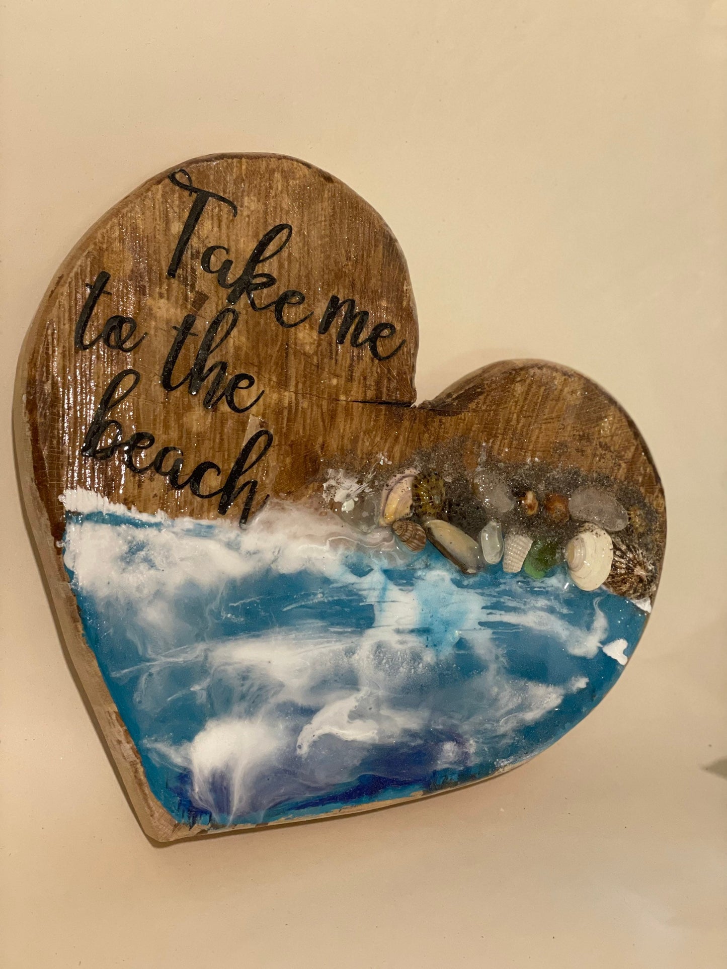 Take me to the beach wooden heart with resin waves statement wall art for coastal themed room, beach vibe sign for summer birthday gift,